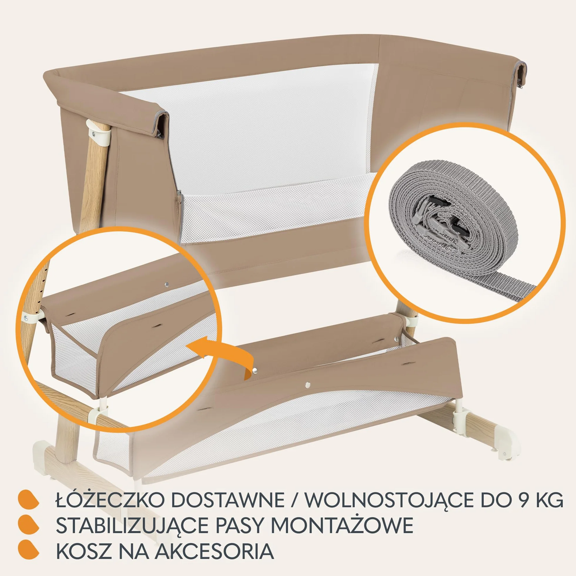 LIONELO THOMI PLUS 5 w 1 Dziecięce Łóżeczko Wolnostojące, Dostawne do 9kg, dla Starszego Dziecka do 30 kg, Kojec do 15 kg, Sofa do 100 kg Regulacja Wysokości, 2 Koła, Otwierany Bok (Carmel)
