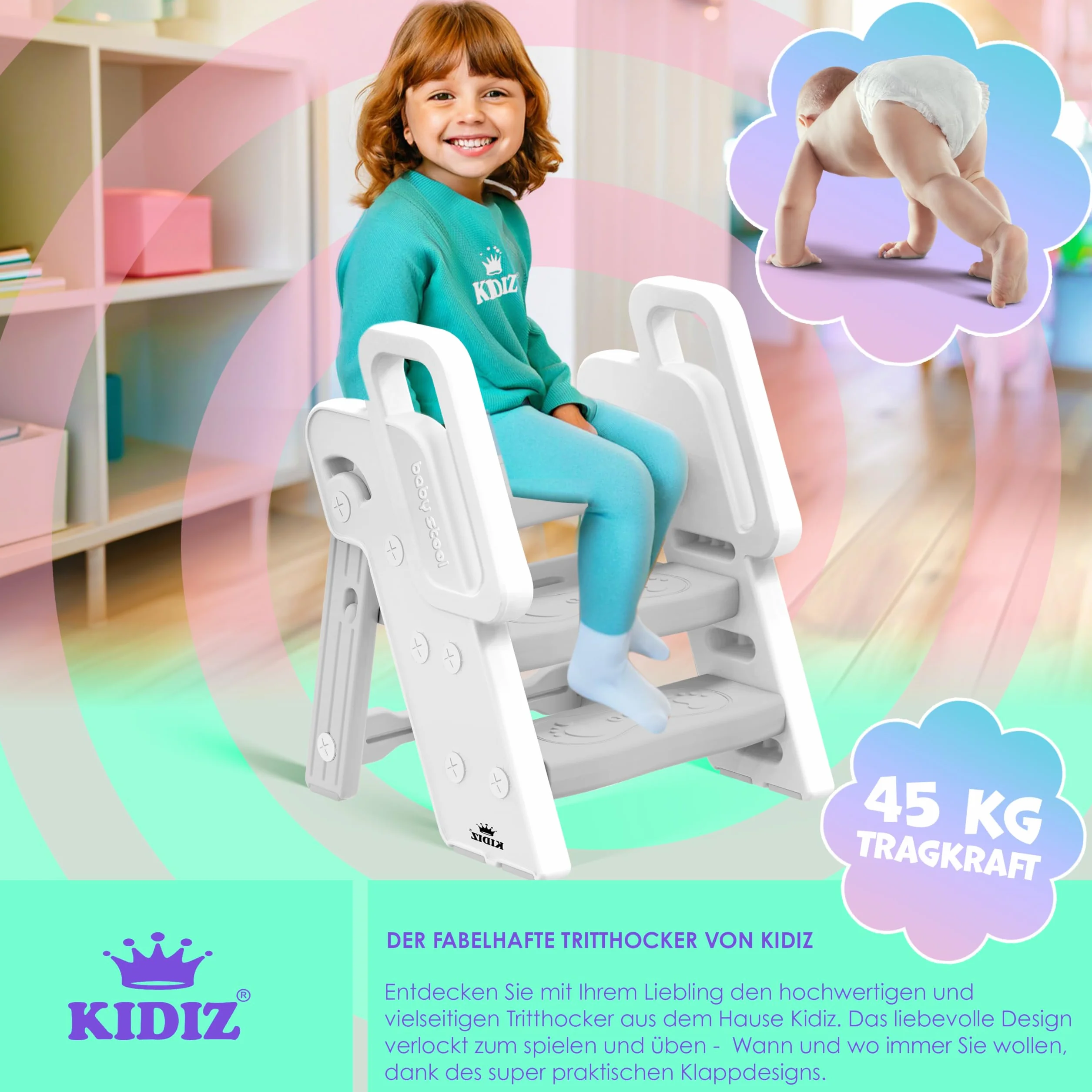 KIDIZ® Podest dla dzieci, drabinka składana z 3 stopniami | Taboret wieża edukacyjna od 18 miesiąca do 6 lat | Wytrzymała | Bezpieczny i stabilny stopień | Regulowana wysokość, antypoślizgowa