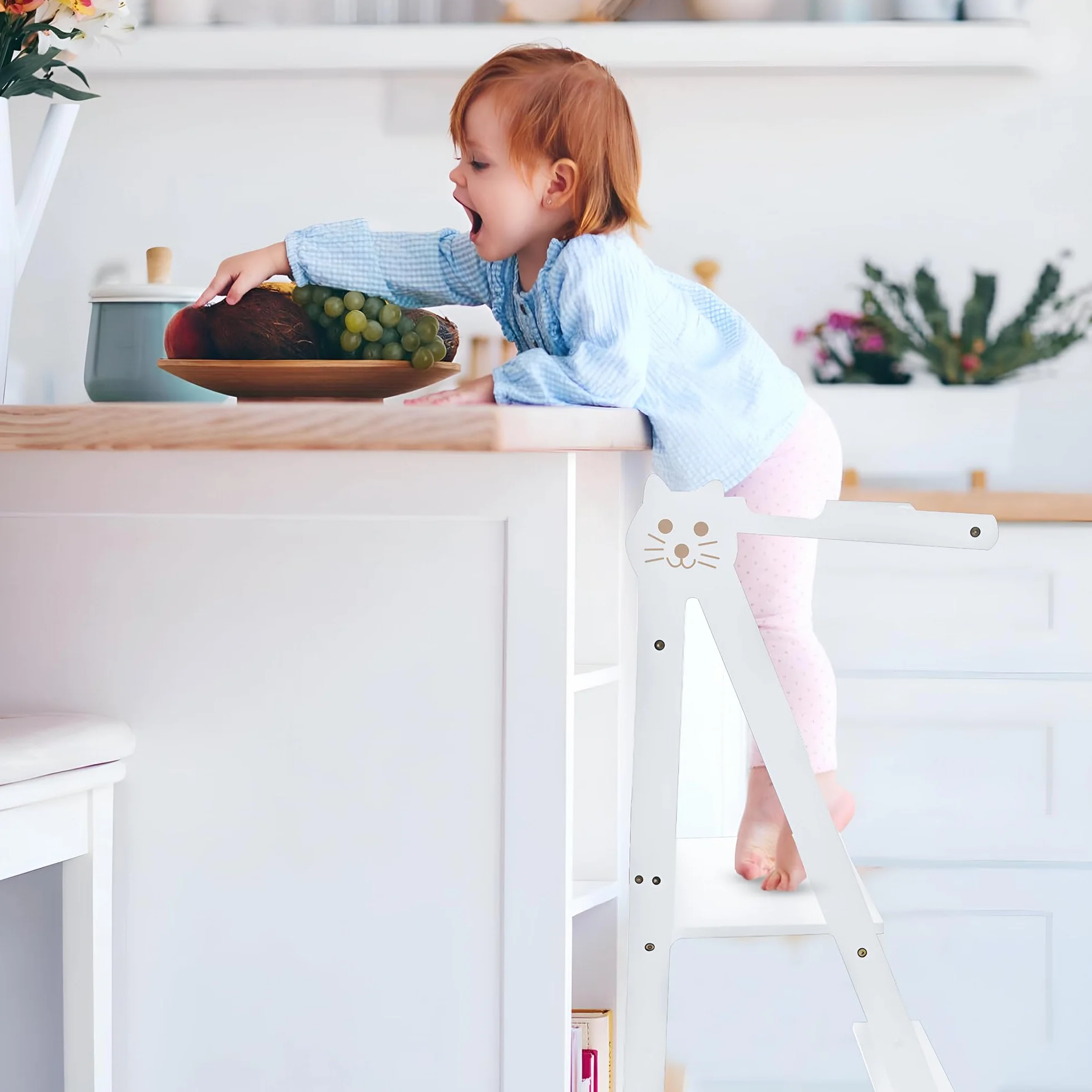 Wieża Edukacyjna - Wieża do Nauki Montessori - Składany - Pomoc Kuchenna - Skórzana Wieża - Schody dla Dzieci - Biały