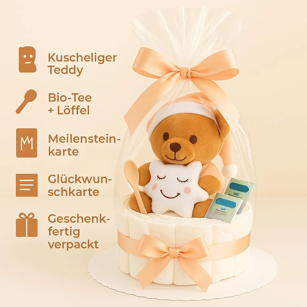 Pieluchy tort boho z pluszakiem dla dziewcząt lub chłopców, prezent z okazji narodzin matki, chrztu lub przyjęcia dla dziecka – pomysł na prezent z pieluchami dla noworodków – w zestawie kartka z