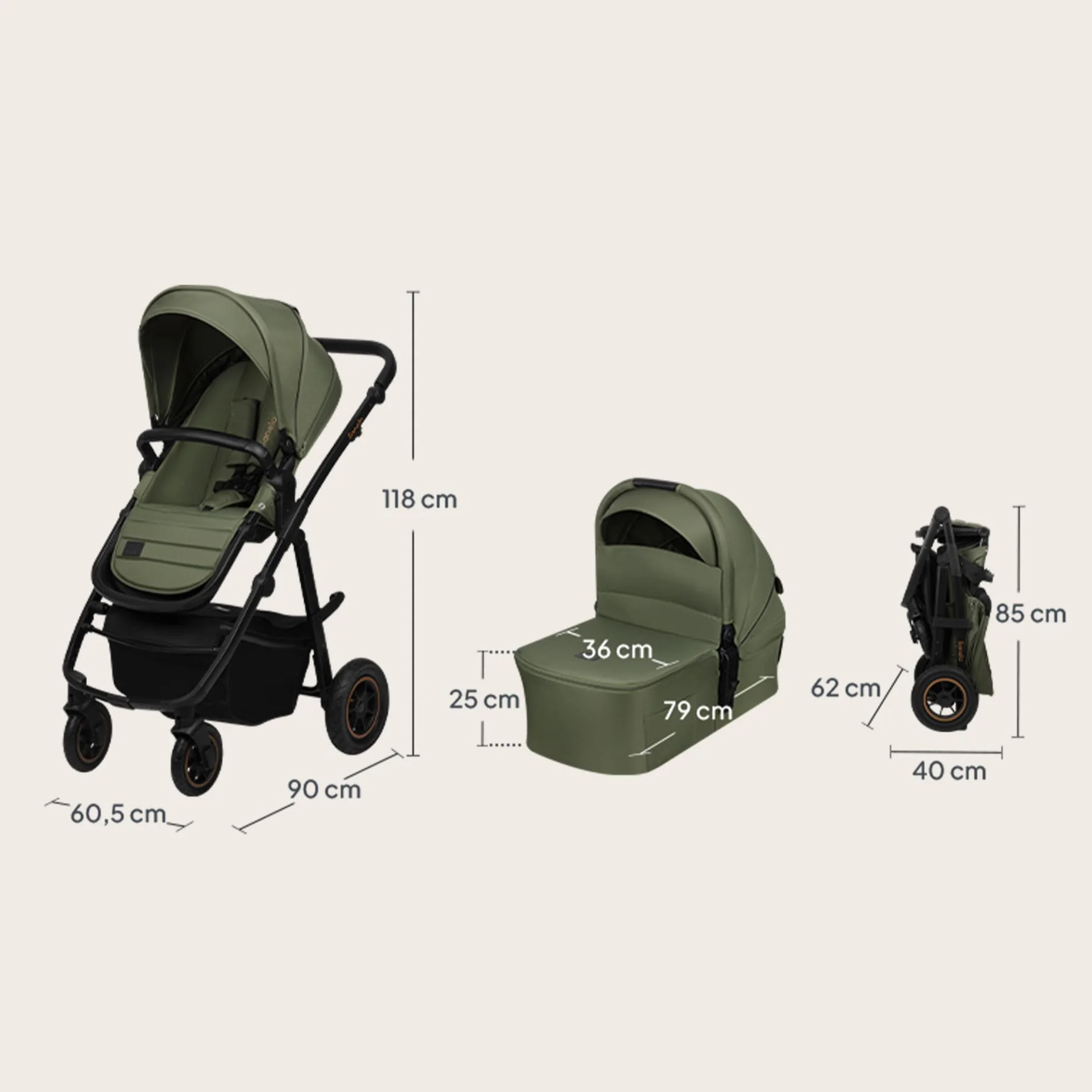 LIONELO AMBER PLUS 3 w 1 Wielofunkcyjny Wózek Dziecięcy od 0 do 4 lat do 22kg z Gondolą XL, Fotelik Samochodowy do 13 kg, Regulacja Oparcia, Duże Terenowe Koła 360o Budka XXL