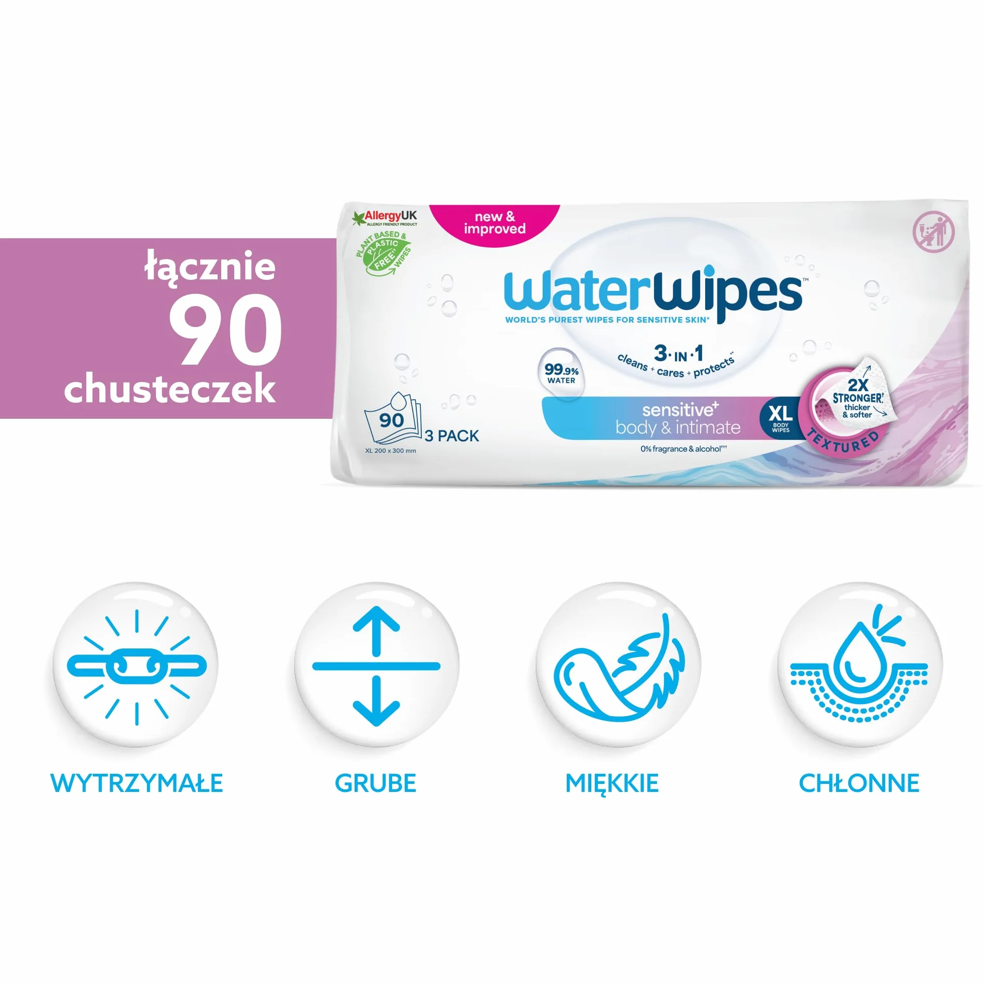 WaterWipes Sensitive+ Body & Intimate Wipes, Chusteczki nawilżające, 90 sztuk (opakowanie 3) – 3 w 1: delikatnie oczyszczają, pielęgnują i nawilżają. 99% wody z aloesem, bezzapachowe