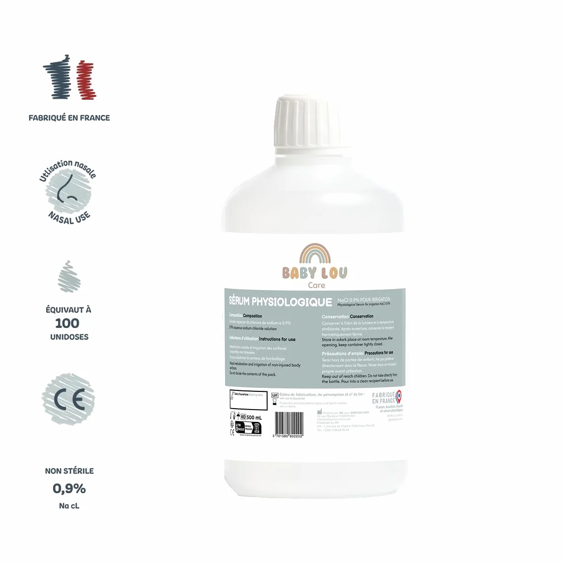 Butelka fizjologiczna 3x500 ml | NaCl 0,9% | Wyprodukowano we Francji | Mycie jamy nosowej | Higiena nosa | Do irragacji zewnętrznej