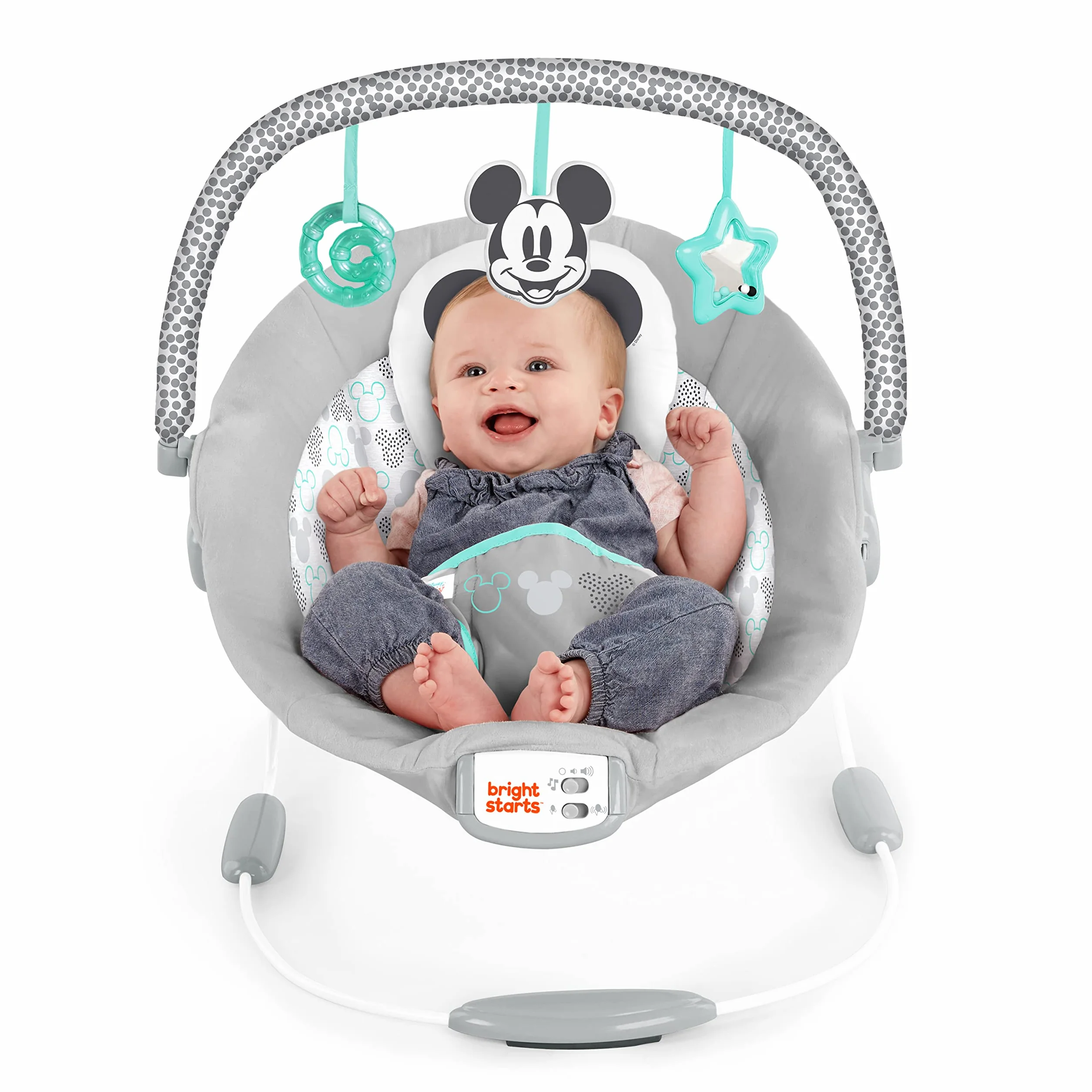 Bright Starts, Disney Baby Micky Huśtawka dla niemowląt z uspokajającymi wibracjami, melodiami, zdejmowanym łukiem do zabawy, 3 wiszące zabawki i wiele więcej