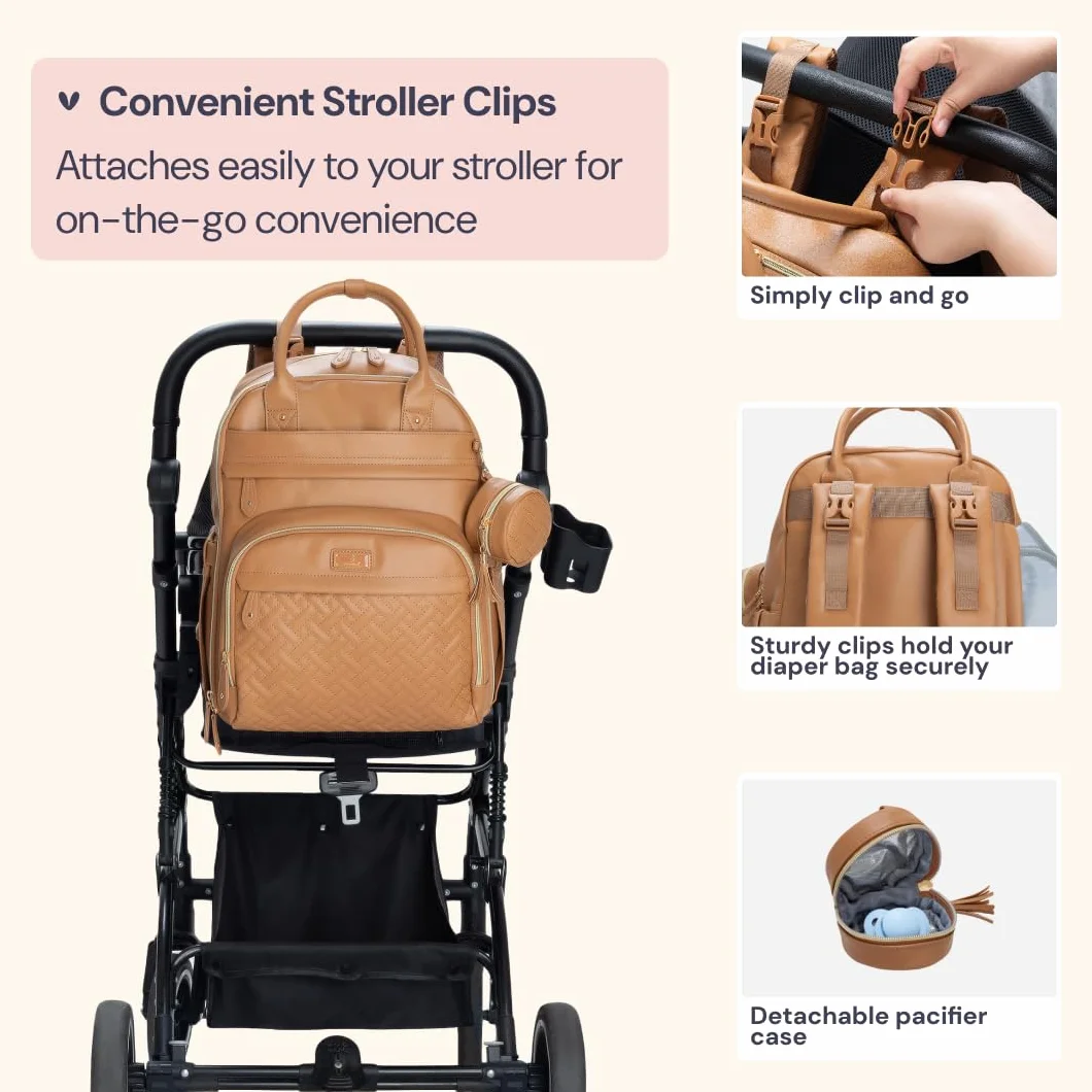 BabbleRoo Leather Diaper Bag Backpack - Baby Essentials Travel Baby Bag, Multi function, Waterproof, with Changing Pad, Stroller Straps & Pacifier Case – Unisex, Light Brown