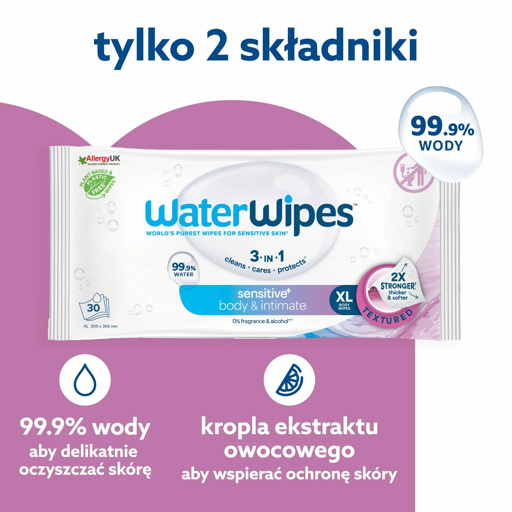 WaterWipes Sensitive+ Body & Intimate Wipes, Chusteczki nawilżające, 90 sztuk (opakowanie 3) – 3 w 1: delikatnie oczyszczają, pielęgnują i nawilżają. 99% wody z aloesem, bezzapachowe