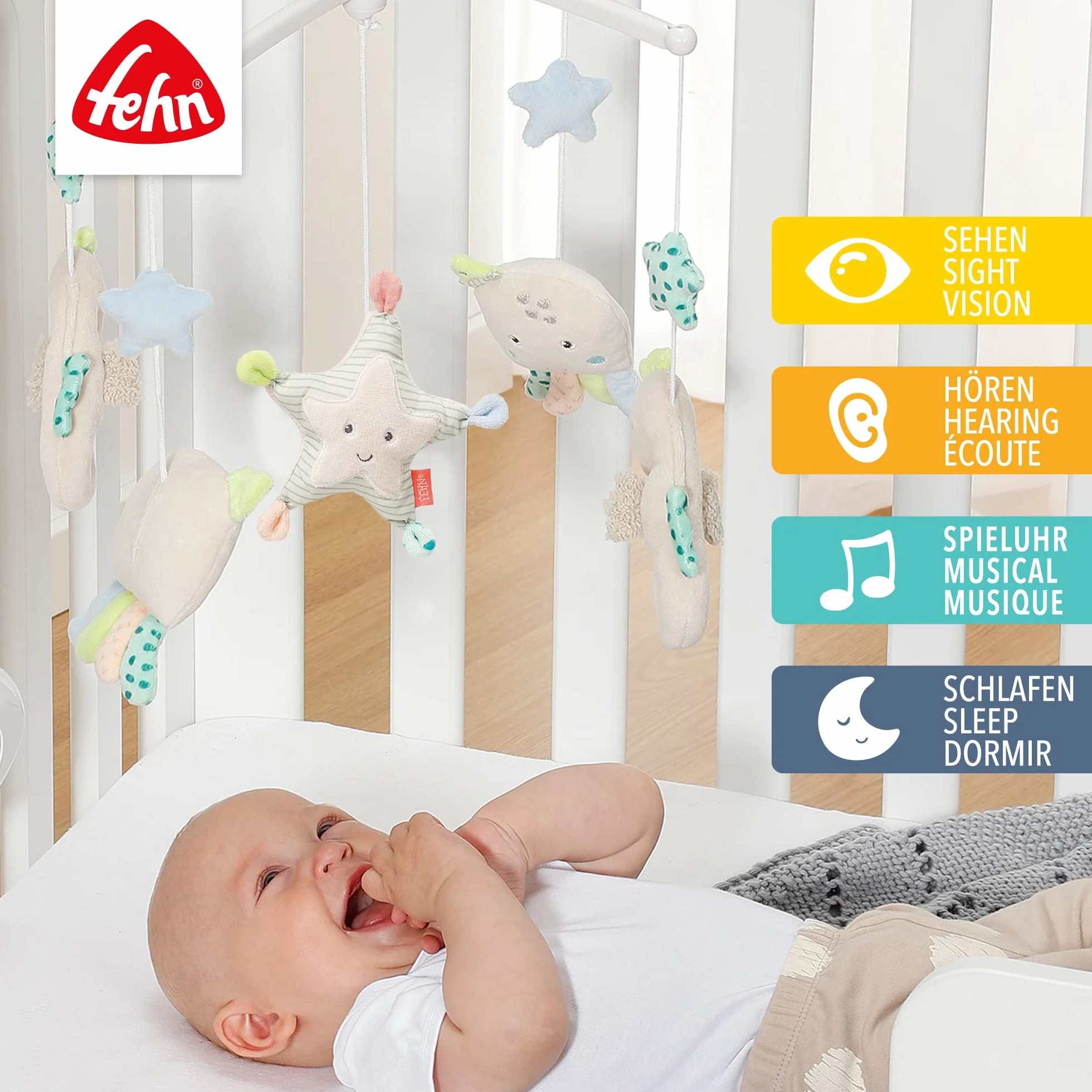 Fehn Muzyka mobilna dla dzieci morskich – pomoc w zasypianiu dziecka zabawka muzyczna – pozytywka melodia "Sleep Kindlein Schlaf" – akcesoria do łóżeczka dziecięcego, zabawka dla niemowląt i