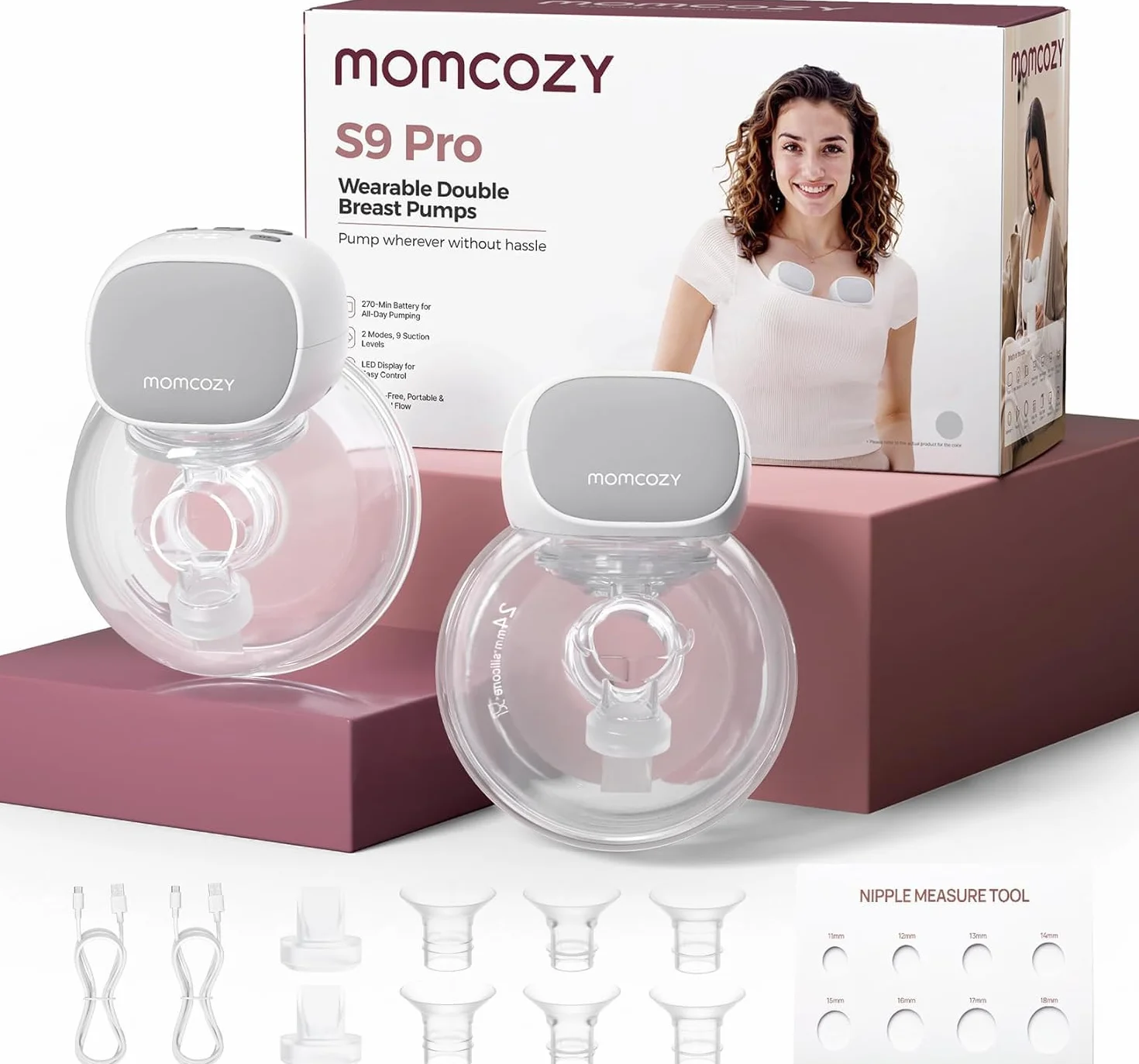 Momcozy S9 Pro Zaktualizowana Elektryczna Laktator, Bezręczny Długodziałający Akumulator, Wyświetlacz Led, Przenośna Laktator Z 2 Trybami I 9 Poziomami – 24 Mm (Szary, 2 Sztuki)
