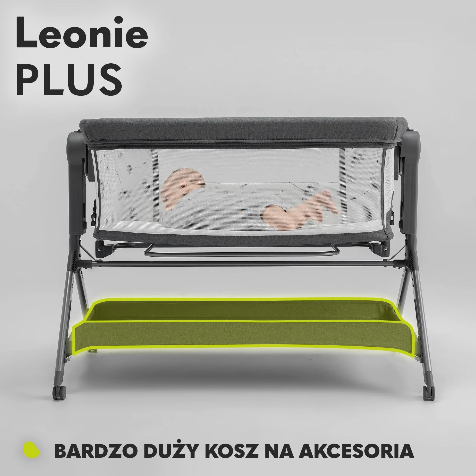 LIONELO LEONIE Plus 3 w 1 Dziecięce Łóżeczko Wolnostojące do 9kg, Łóżeczko Dostawne i Kołyska, Regulacja Wysokości, Przewiewne Ścianki, Odpinany Bok, Kółka z Hamulcem Duży Kosz