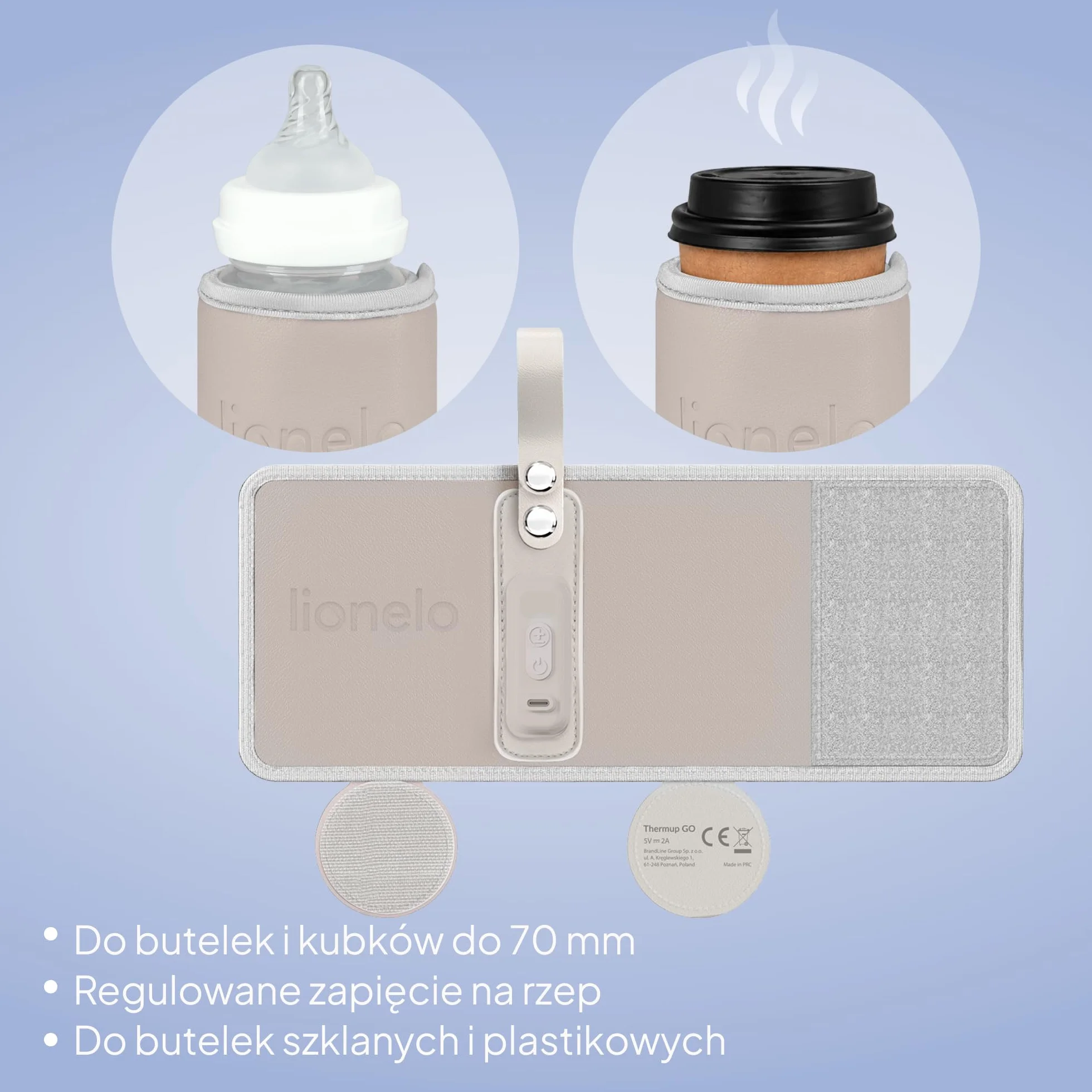 LIONELO Thermup Go przenośny podgrzewacz do butelek dla niemowląt, USB-C, podgrzewacz do butelek w podróży i w samochodzie, funkcja utrzymania ciepła 24 h, 5 poziomów temperatury 38-50°C, wyświetlacz