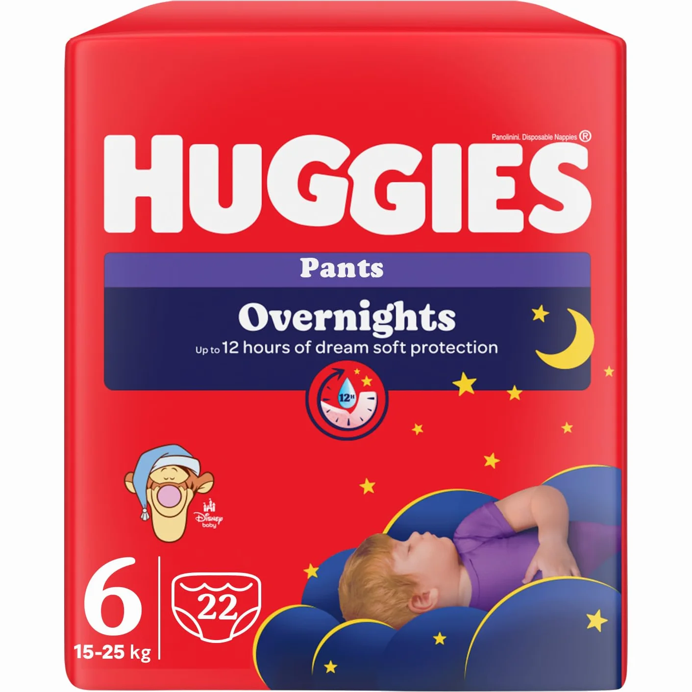 Huggies Overnight pieluchy nocne dla dzieci, rozmiar 6 (15-25 kg), pieluchy nocne chłonne, projekt Disneya, 22 sztuki majtek