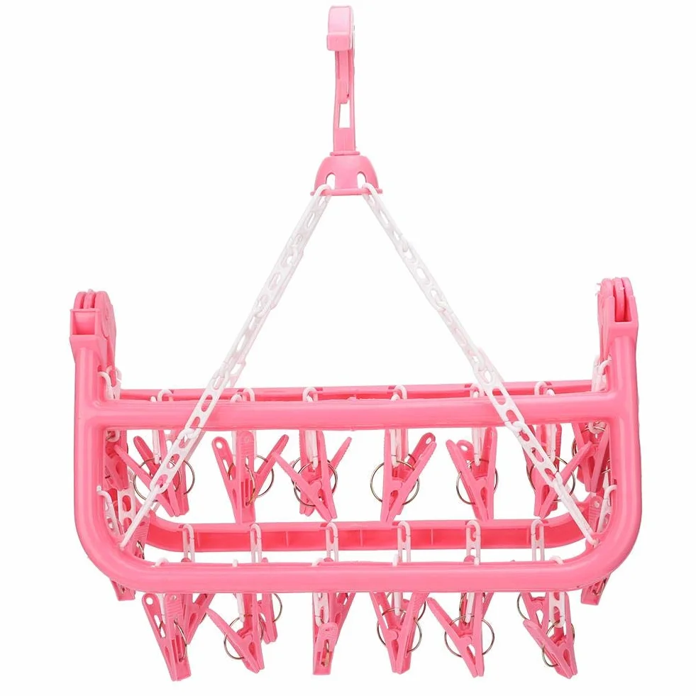 Wäschebügel 32 Clips Klapp Kleiderbügel Trockner Socken Unterwäsche Baby Kleidung BHs Handtuch Stoffwindeln Wäscheständer(Rosa)