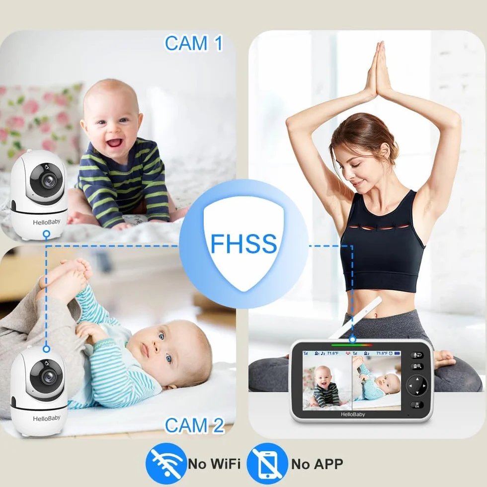 HelloBaby Elektroniczna niania HB6550 z kamerą i noktowizorem, wyświetlacz 15.2 cm z 30-godzinną baterią, monitor wideo Pan-Tilt-Zoom, bez WiFi, 2-kierunkowa rozmowa, temperatura, 8 kołysanek i zasięg