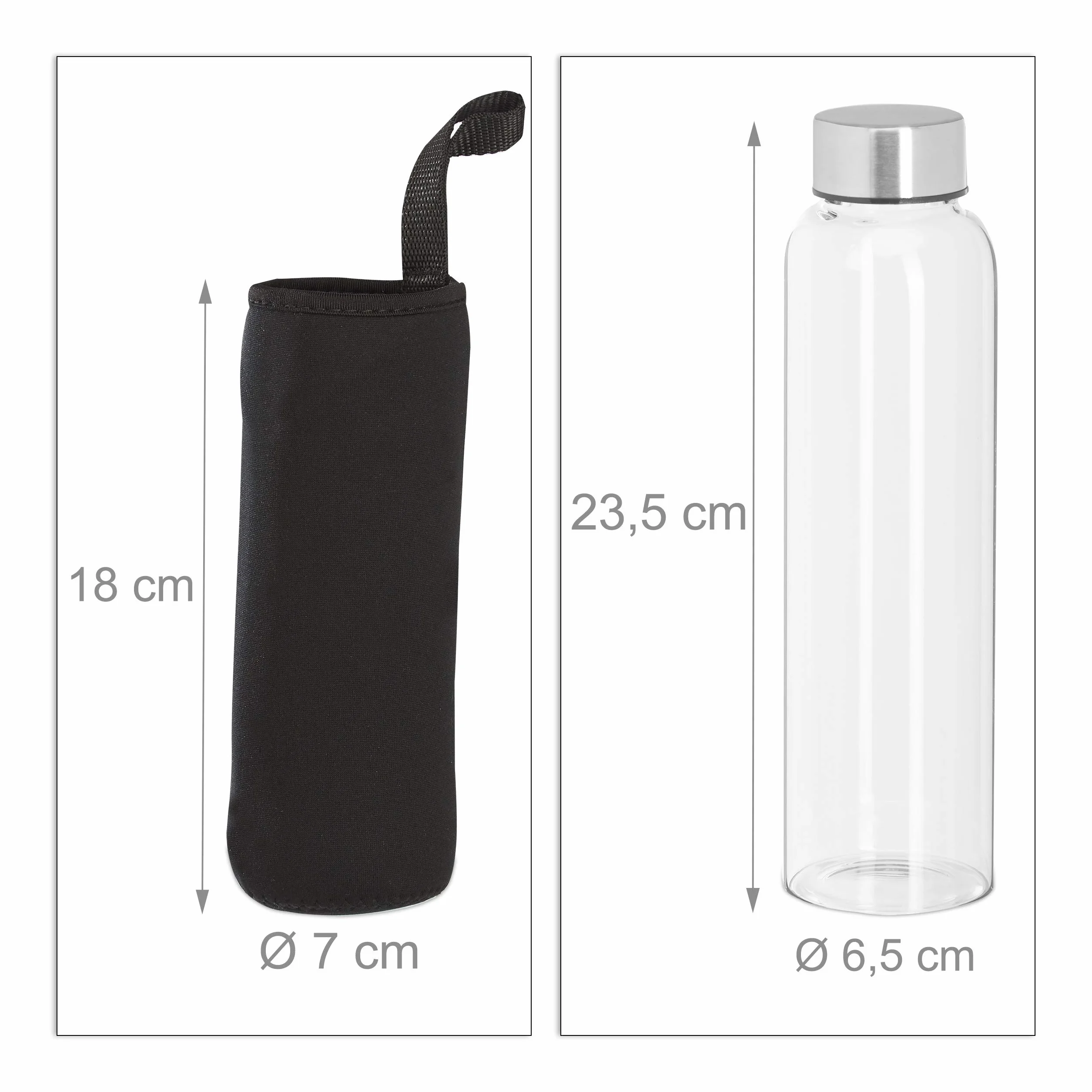 Relaxdays Zestaw 6 szklanych butelek do picia, butelka na wodę z pokrywką, 500 ml, można myć w zmywarce, wodoodporna, przezroczysta/czarna