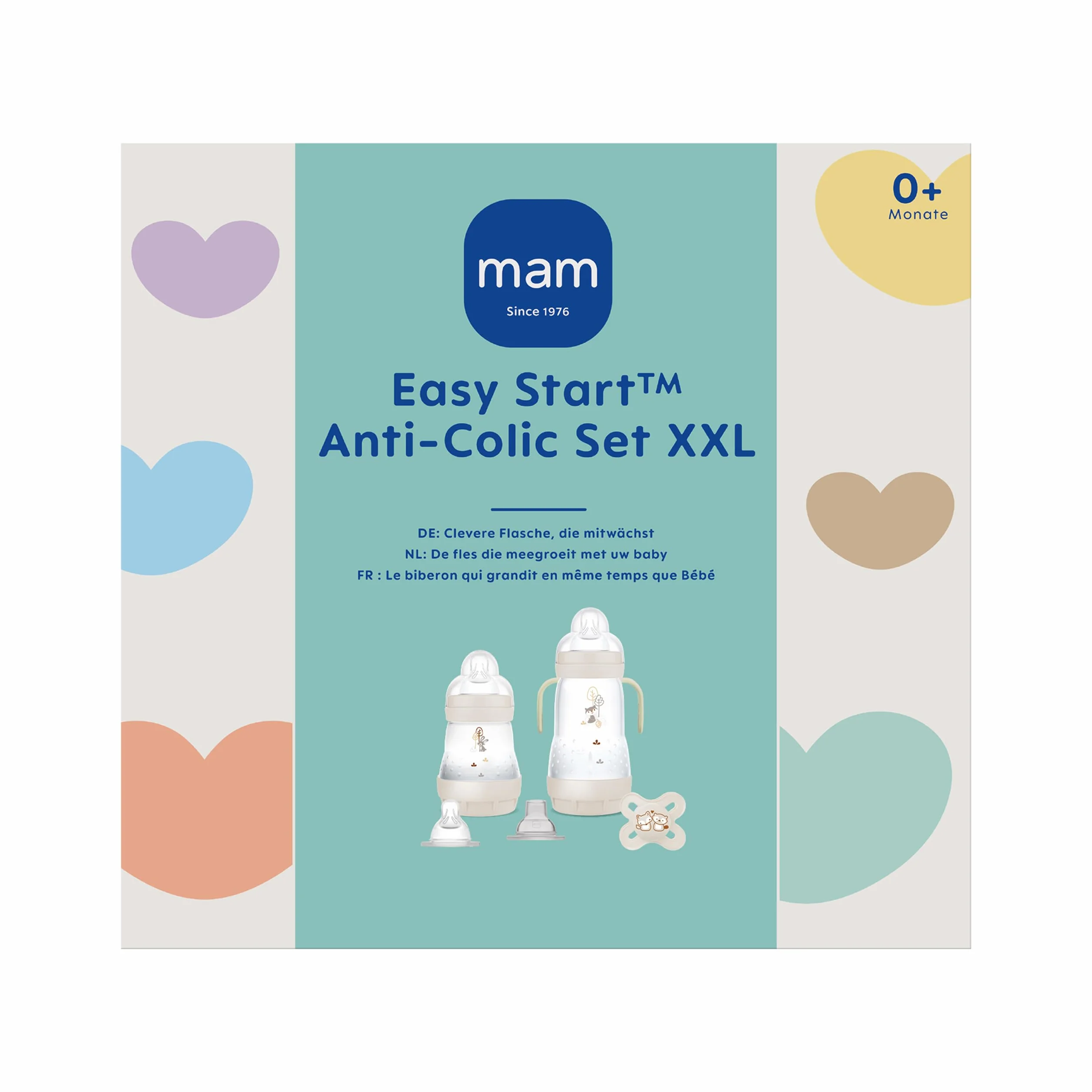 MAM Easy Start Anti-Colic zestaw butelek dla niemowląt XXL, pierwsze wyposażenie wraz z smoczkiem, butelkami, smoczkami i innymi, zestaw prezentowy dla niemowląt, od urodzenia, beżowy