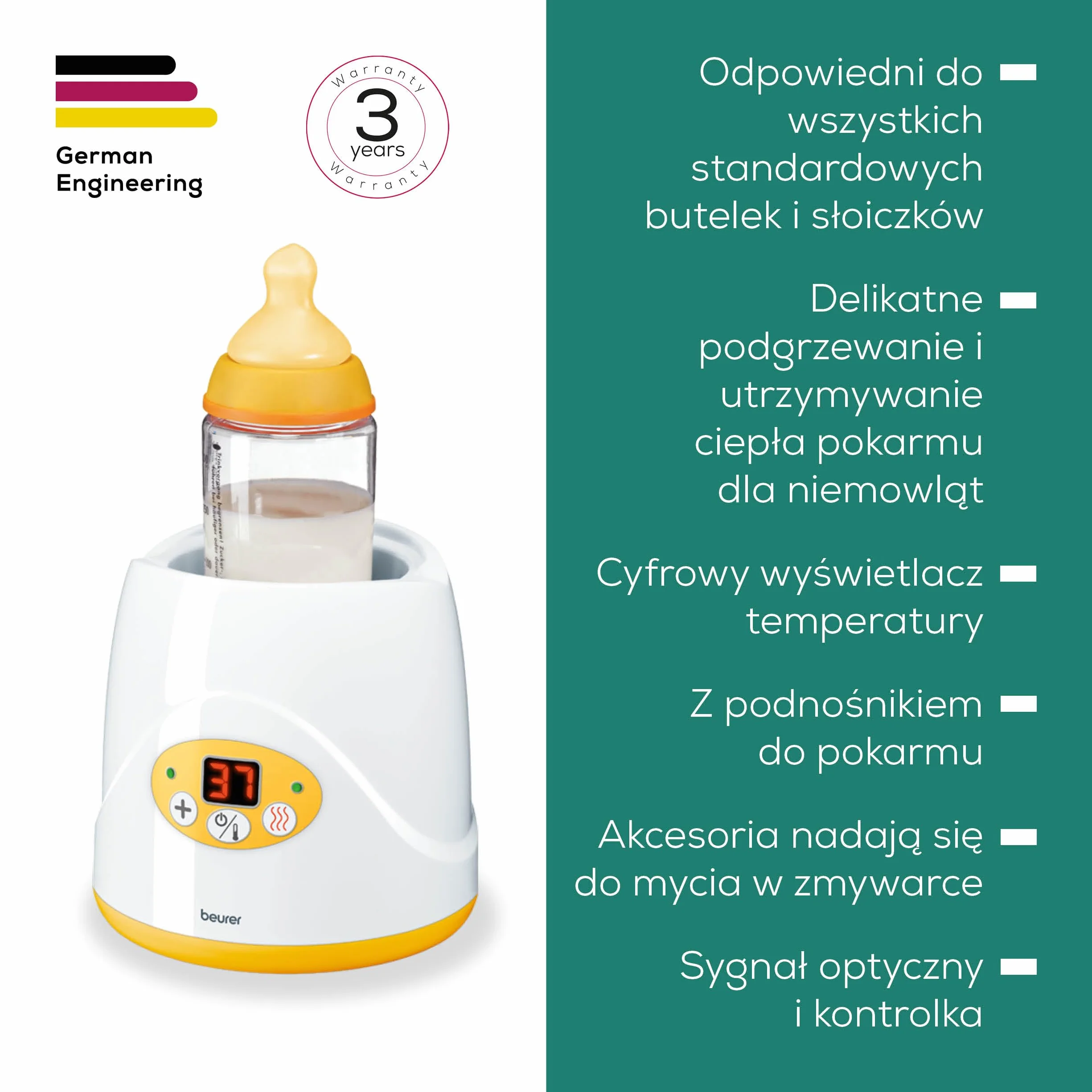 Beurer BY 52, podgrzewacz do butelek i żywności dla niemowląt, podgrzewa, utrzymuje ciepło, czas podgrzewania 8 minut, cyfrowy wyświetlacz temp., do wszystkich popularnych butelek dla niemowląt, 1 szt