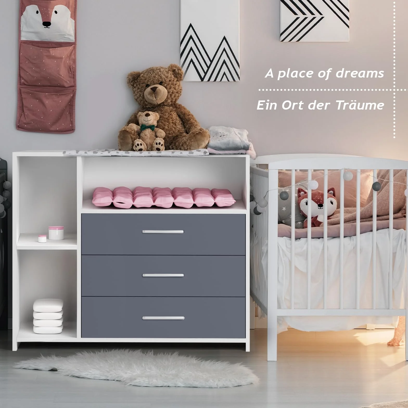 Infantastic® Przewijak z Szufladami - Otwarte Przegrody, 113 x 70 x 101 cm, Drewno MDF, Biały/Szary - Przewijak dla niemowląt, Pieluszka, Meble, Przewijak, Rzeczy dla niemowląt, Pokój dziecięcy