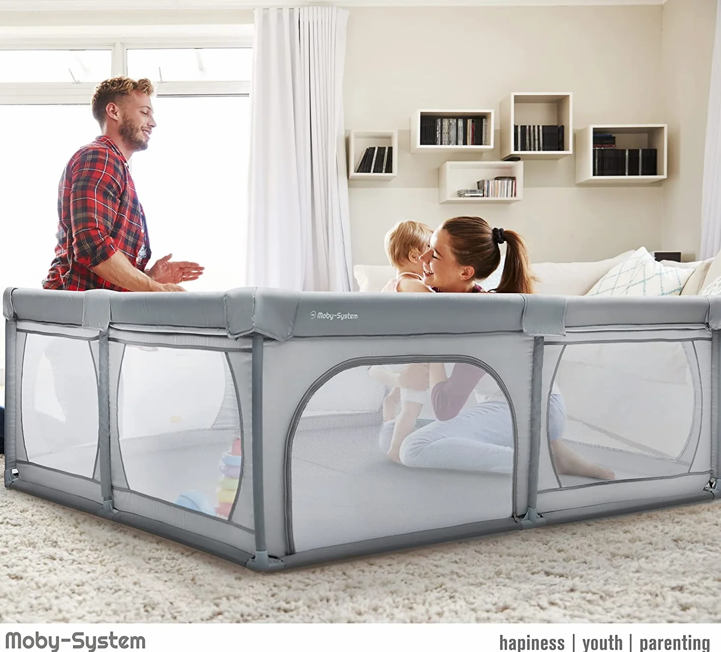 Moby-System Kojec dla Niemowląt, Centrum Aktywności dla Dzieci, z Antypoślizgową Podstawą, Stabilny, Ochrona, Wodoszczelny, Torba Transportowa, 200 x 140 cm, Szary