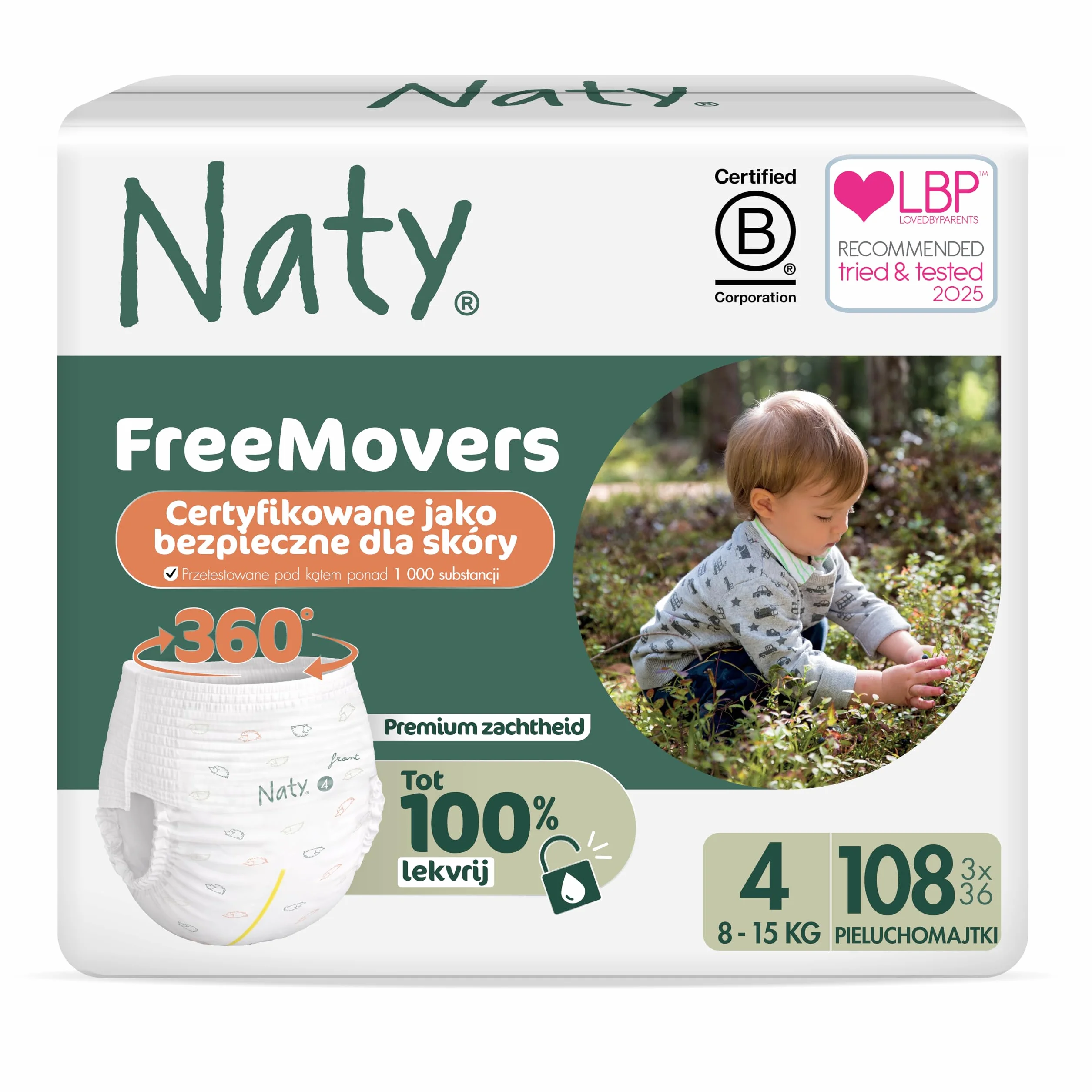 Naty FreeMovers Pieluchomajtki | Dla Wrażliwej Skóry | Miękkie, Bezzapachowe, do Nocnikowania | Chłonne i Przeciekoodporne | Niemowlęta i Dzieci | Rozmiar 4 (8–15 kg), 108 szt.