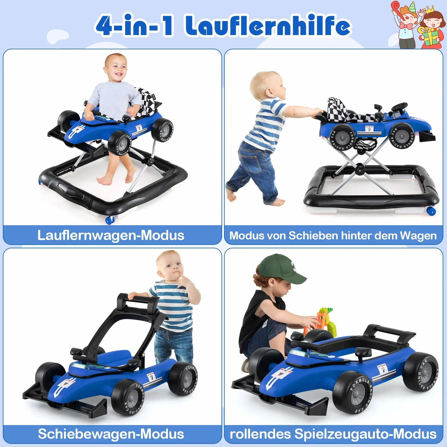 COSTWAY Pomoc w nauce chodzenia 4 w 1, wózek do nauki chodzenia, składany, z regulacją wysokości, Baby Walker w kształcie samochodu z kierownicą i pozytywką, wózek z kółkami dla dzieci w wieku 6-18