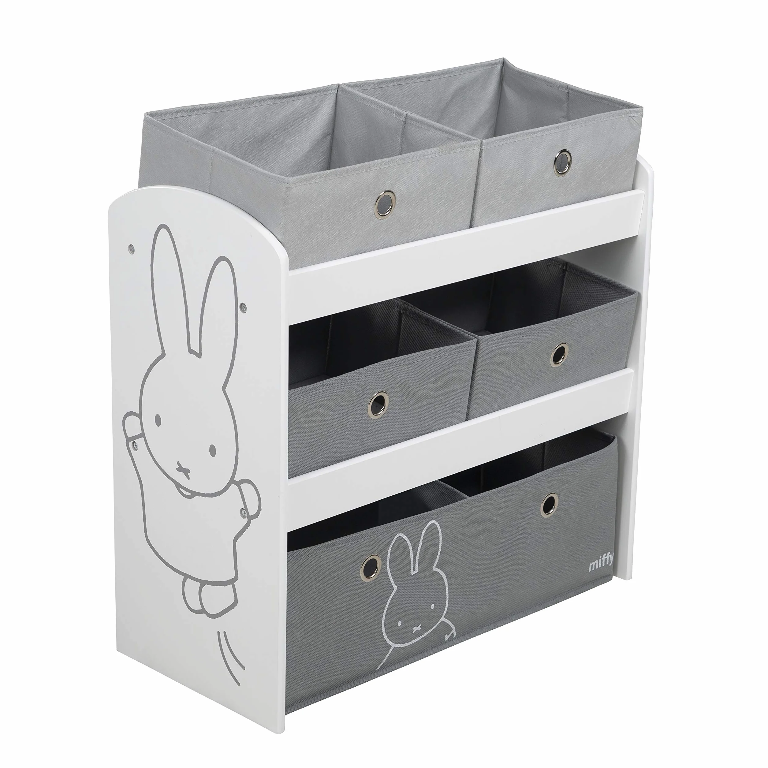 roba Półka na zabawki miffy - Regał na zabawki do pokoju dziecięcego z 5 szarymi pojemnikami z tkaniny - Motyw zająca - Półka na przechowywanie dla dziewczynek i chłopców - Drewno białe