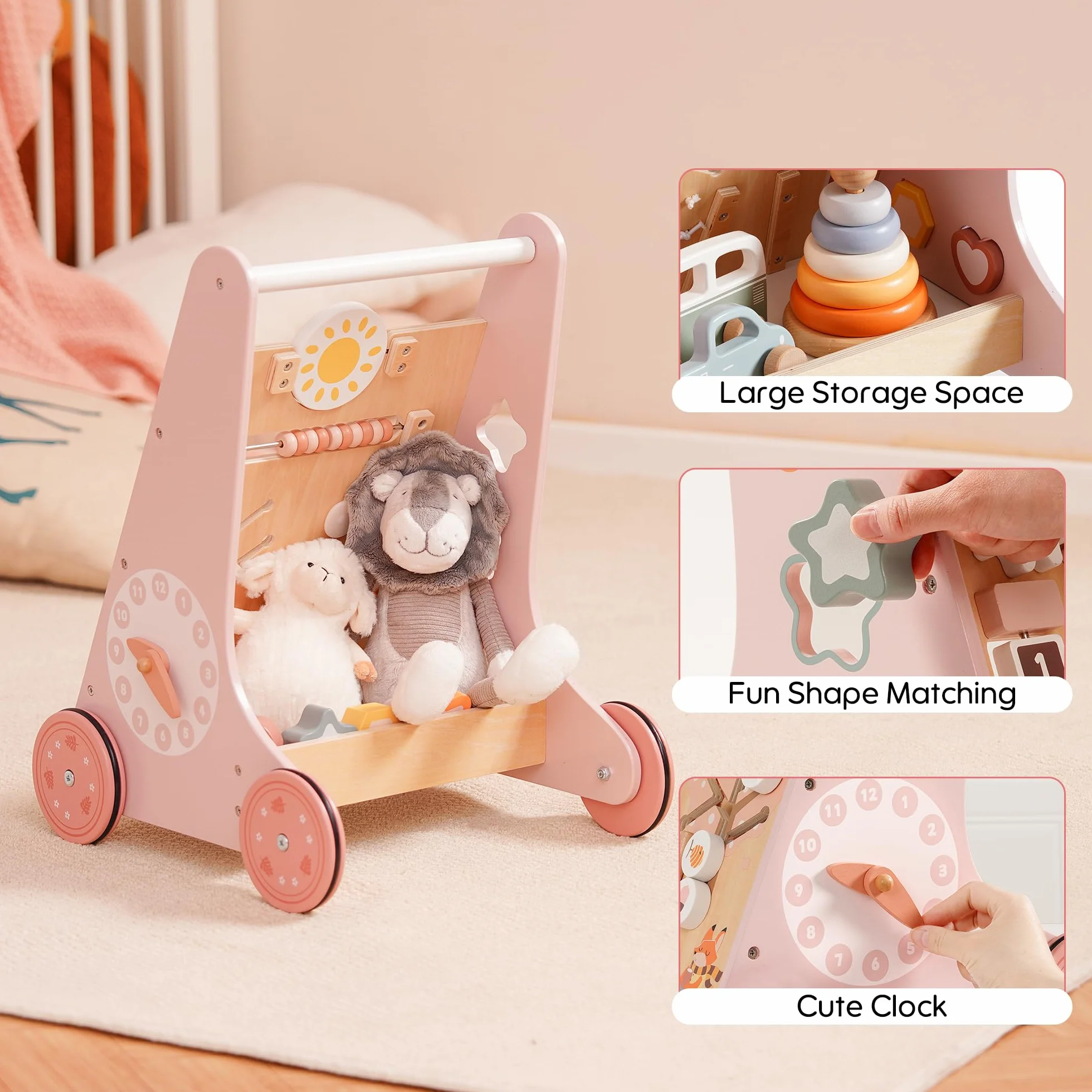 ROBUD Drewniany wózek do nauki chodzenia, Baby Walker, rozwój poznawczy, różowy
