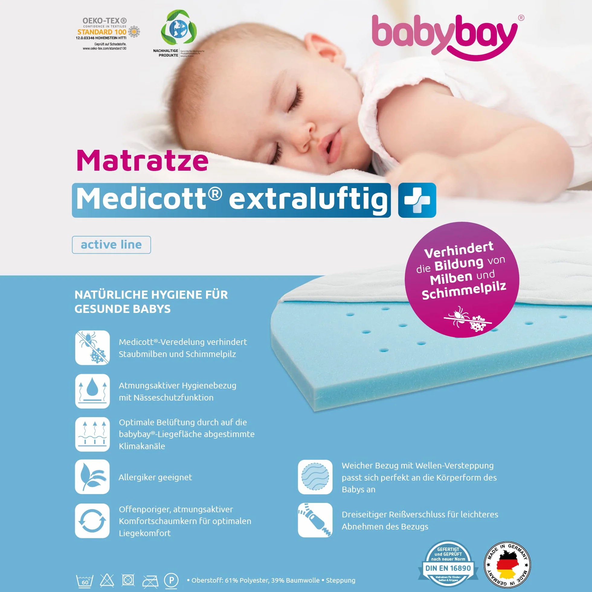 Babybay Materac Medicott do Maxi i Boxspring Biały, wielokolorowy, jeden rozmiar, Babybay_160533