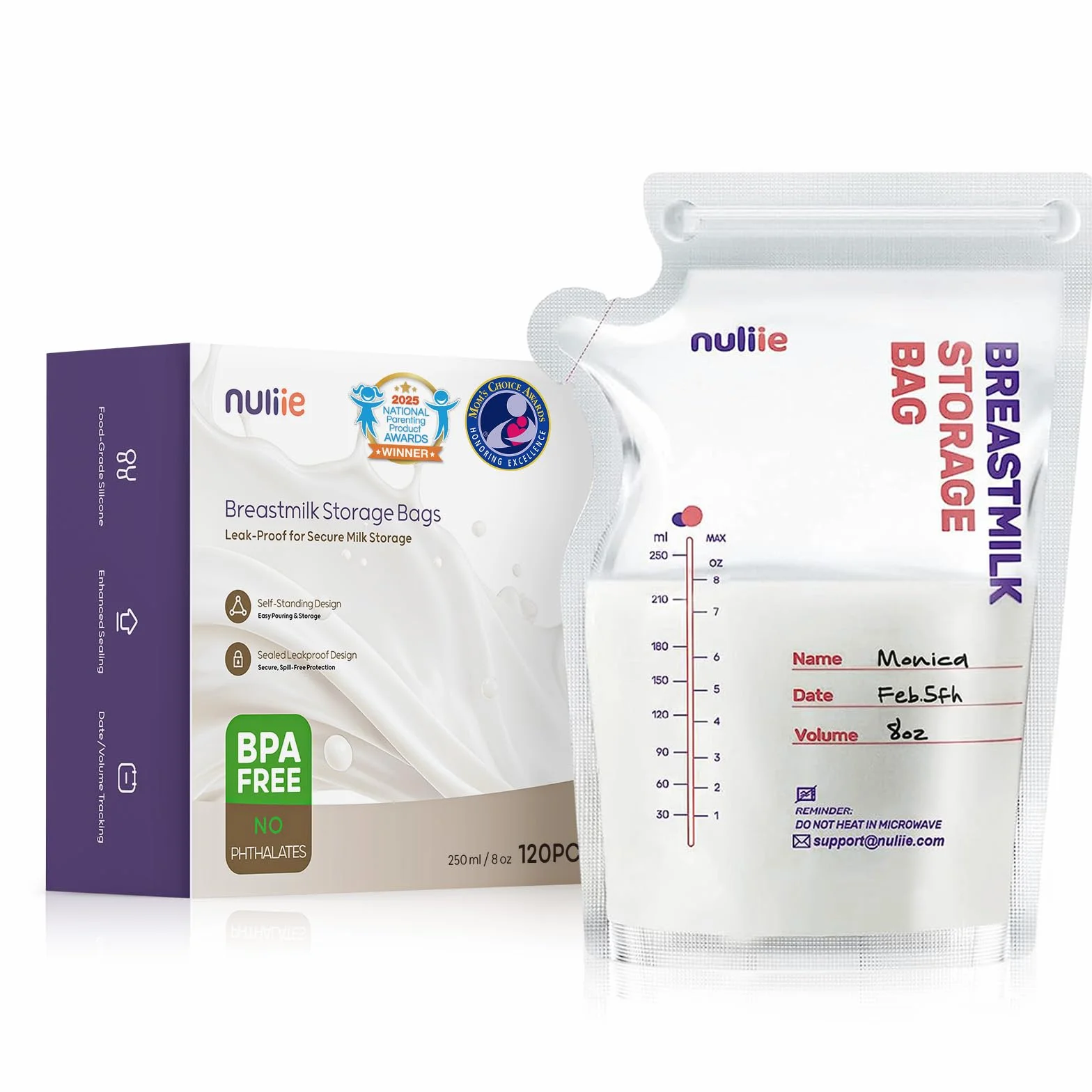 Nuliie 120 sztuk worków na mleko matki, 250 ml, nie zawiera BPA, worki do przechowywania mleka matki z dzióbkiem do karmienia piersią, wolnostojące, można je zamrozić, oszczędzają miejsce
