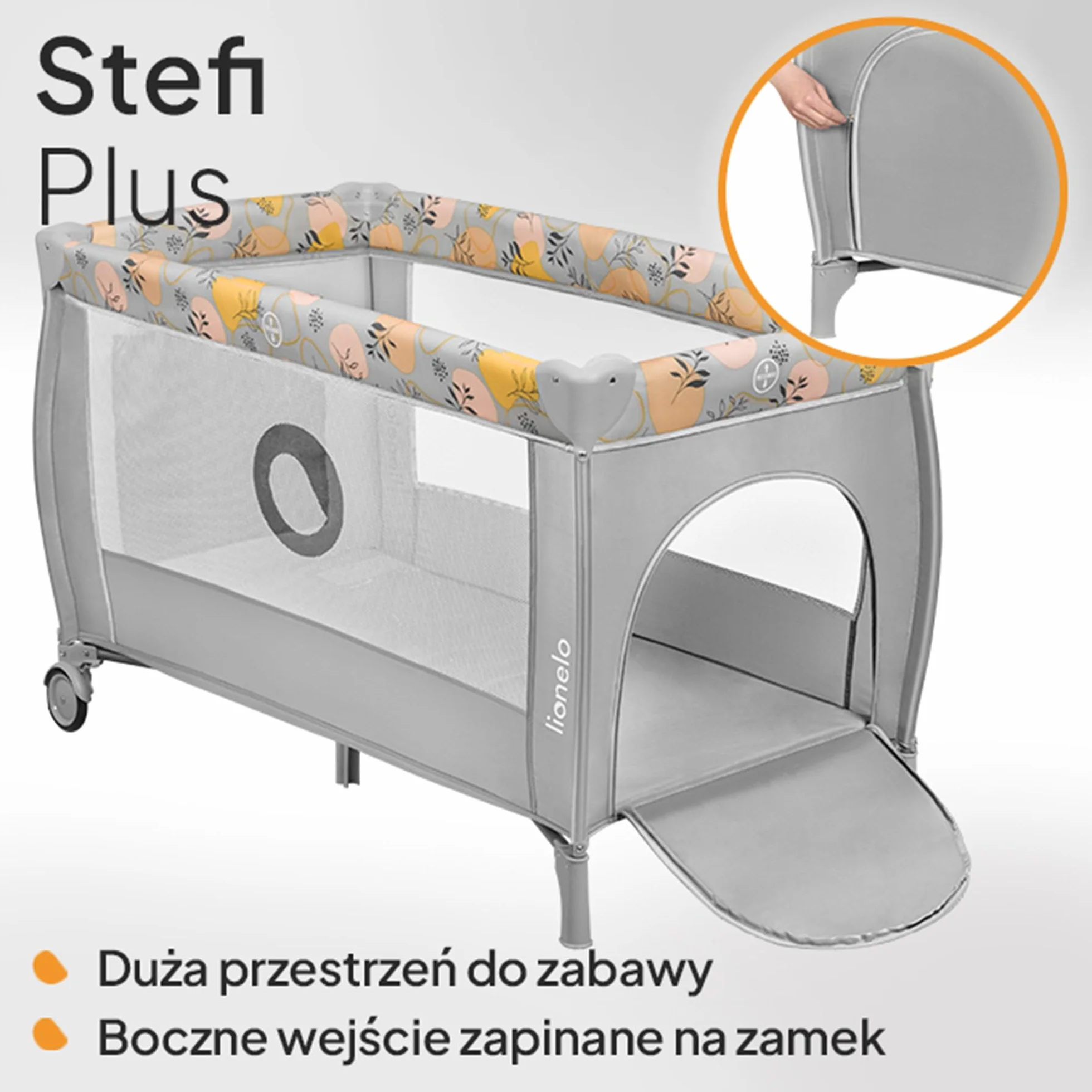 LIONELO Stefi Plus łóżeczko turystyczne 2 w 1 do 15 kg, łóżko dziecięce z materacem, boczne wejście z zamkiem błyskawicznym, wysokiej jakości materac piankowy, szybkie składanie