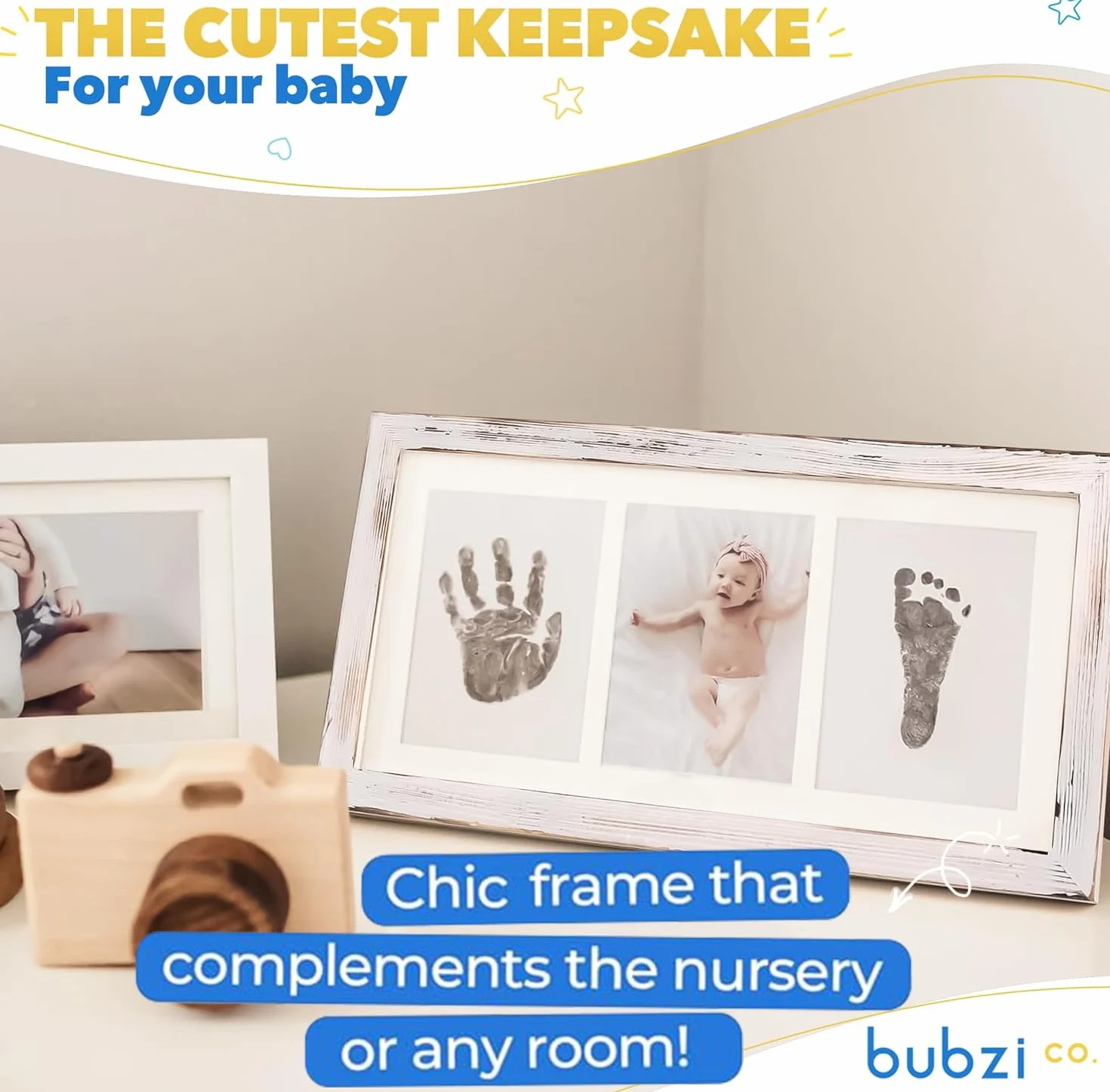 Bubzi Co Zestaw odcisków dłoni dla niemowląt i ramka na zdjęcia dla noworodków i chłopców, unikalny zestaw prezentów na baby shower, pamiątkowe dekoracje na ścianę pokoju lub pokoju dziecięcego (białe