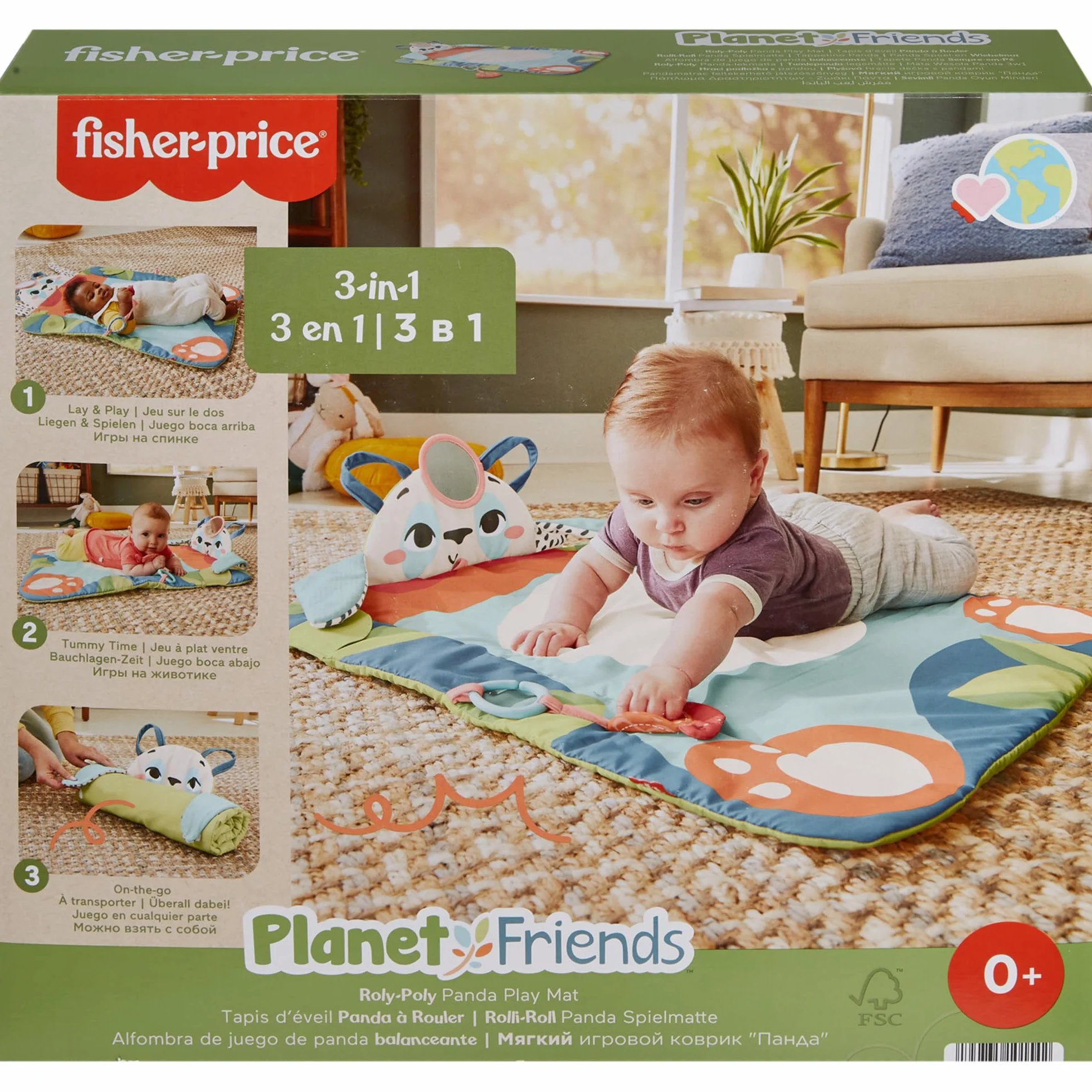 Fisher-Price Planet Friends Mata Wesoła Panda 3w1 z dwoma zabawkami dla noworodków, do zabawy na brzuszku, HKD65