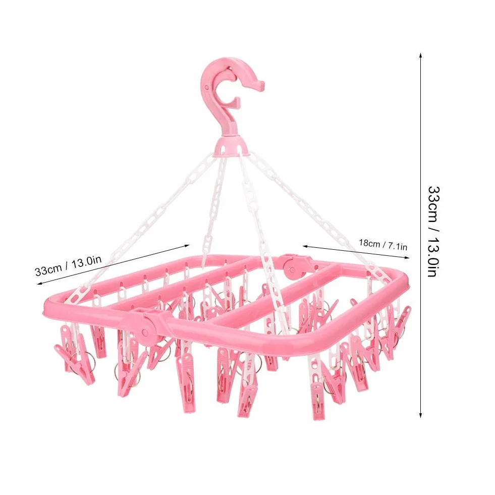 Wäschebügel 32 Clips Klapp Kleiderbügel Trockner Socken Unterwäsche Baby Kleidung BHs Handtuch Stoffwindeln Wäscheständer(Rosa)