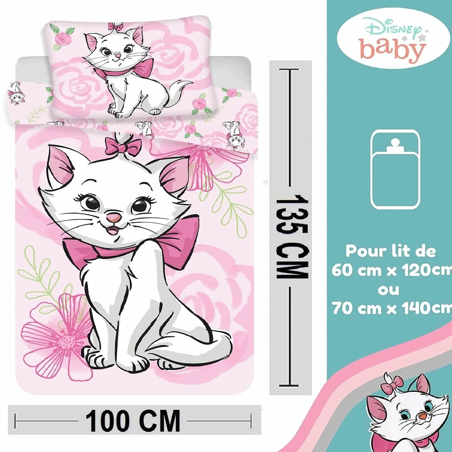 Disney Marie Aristocats Poszewka na kołdrę dla niemowląt 100x135 cm i poszewka na poduszkę 40x60 cm, zestaw pościeli dla niemowląt, 60 x 120 lub 70 x 140 cm, pościel dla małych dzieci.
