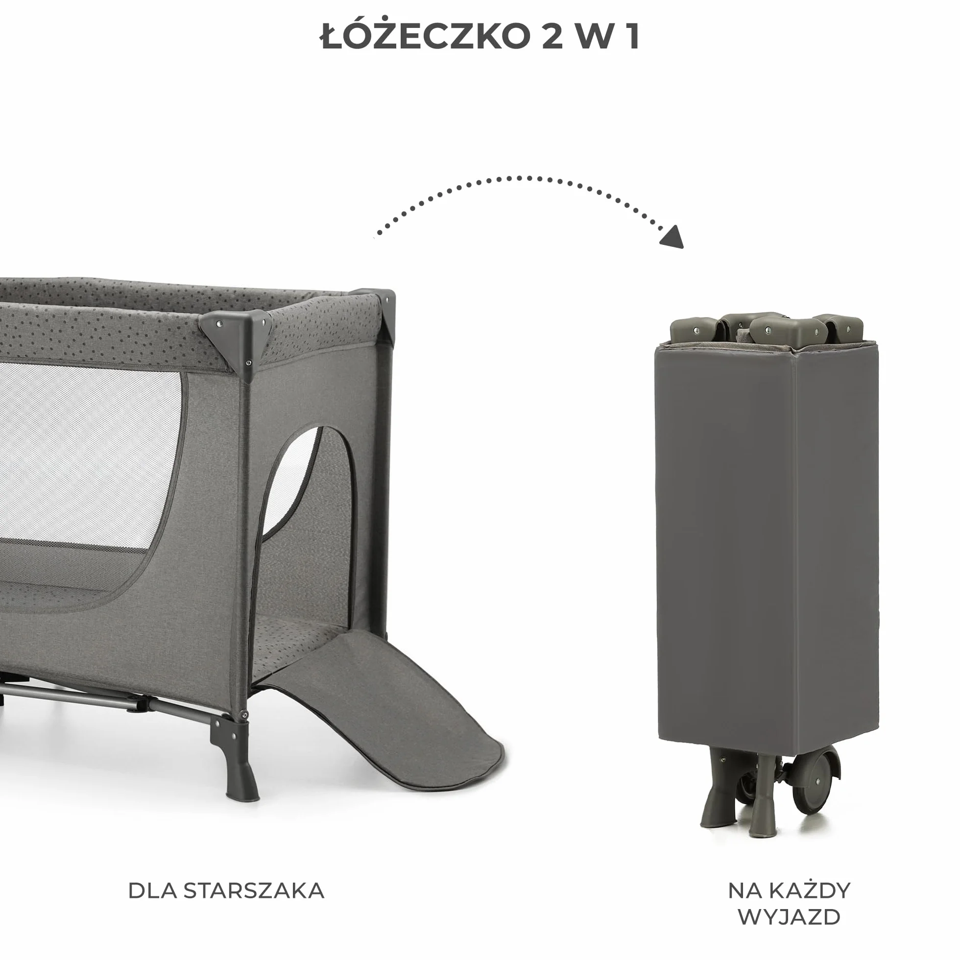 Kinderkraft JOY 2 Łóżeczko turystyczne 2 w 1, Boczne wejście, Szybkie składanie i rozkładanie, Zabezpieczenie przed złożeniem, Kółka i torba ułatwiające transport, Szary