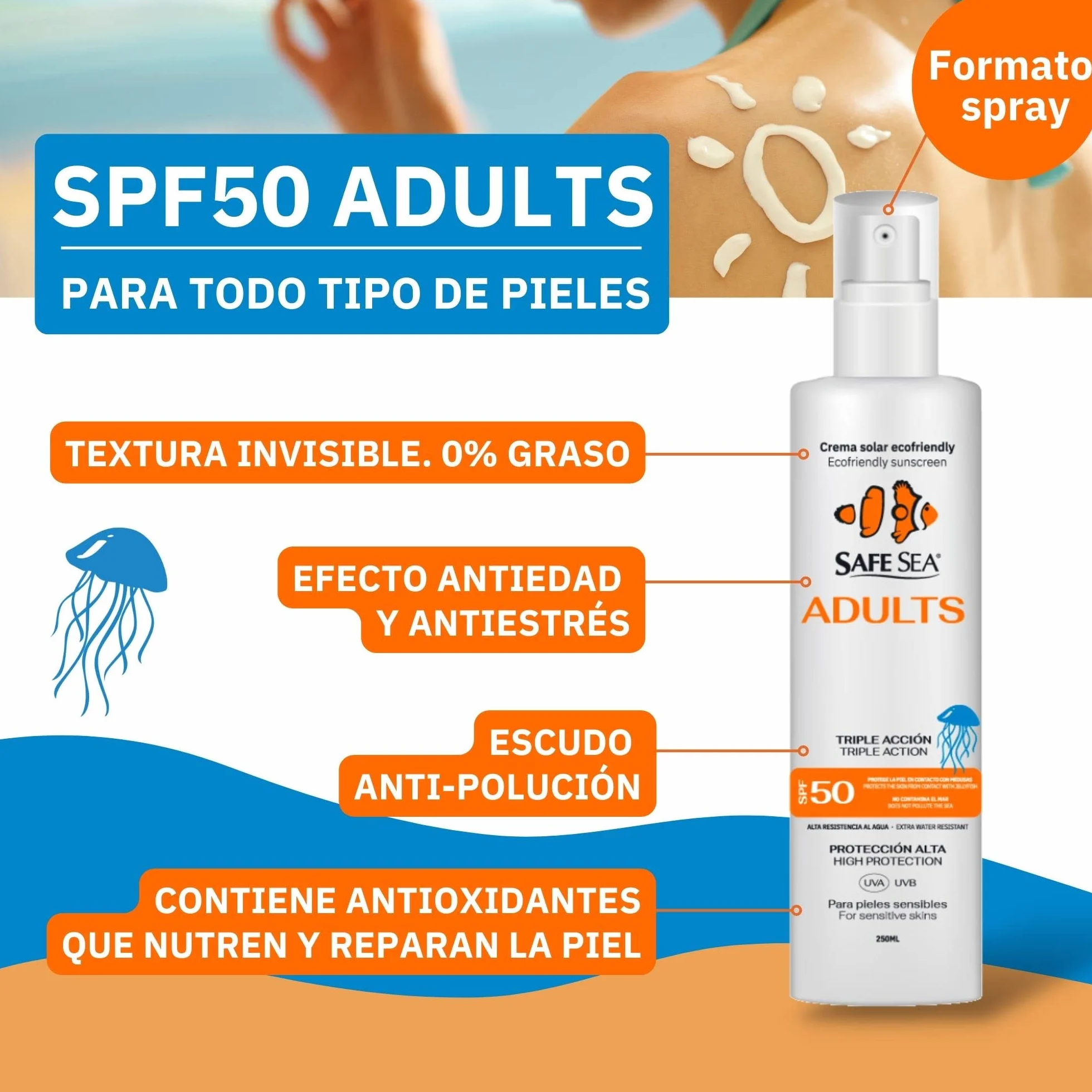 SAFE SEA - Jellyfish Sting Sun Spray SPF 50 - wegański - wysoka wodoodporność i wysoka ochrona przeciwsłoneczna dla dorosłych - odpowiedni dla skóry wrażliwej - Format 250ml