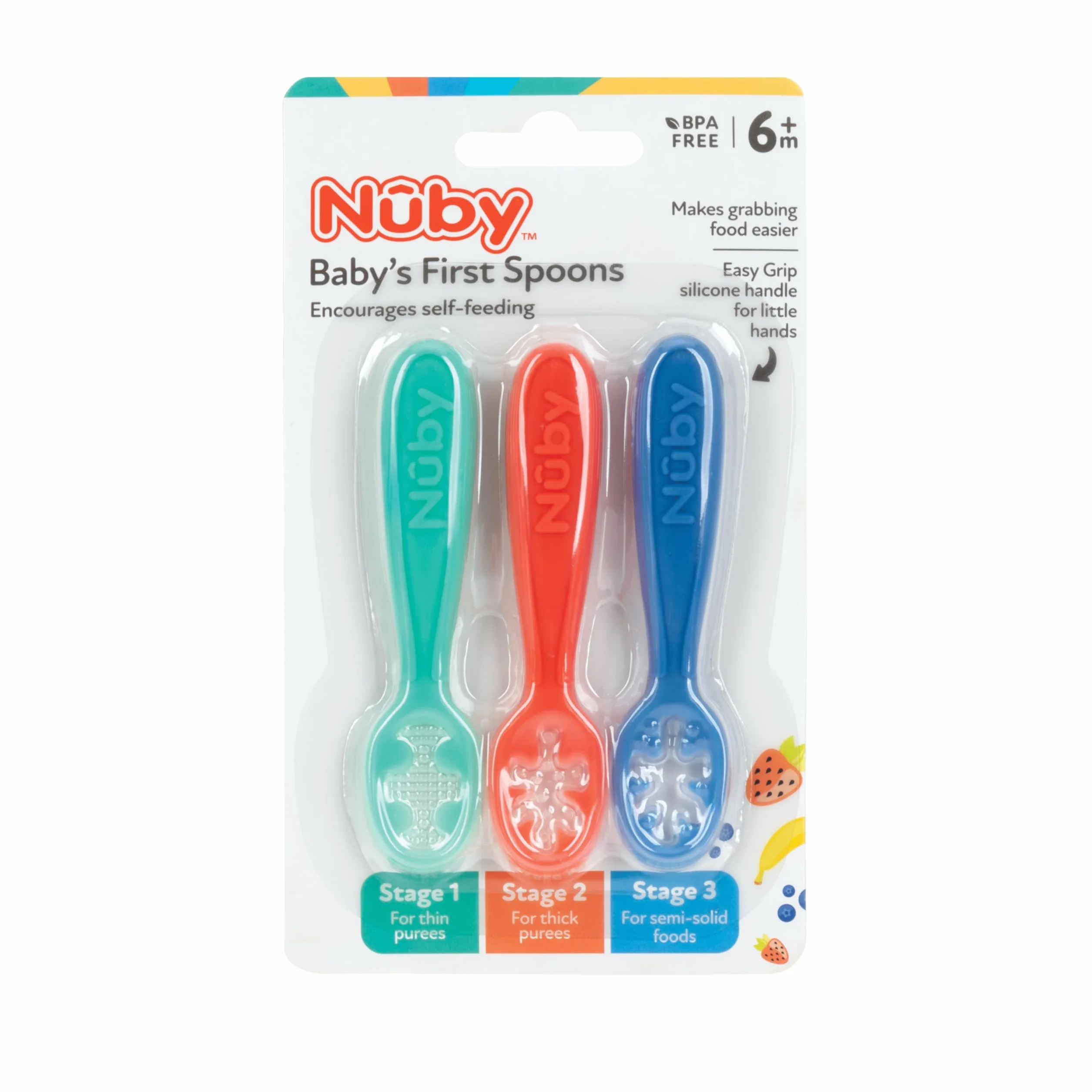 Nuby Zestaw pierwszych łyżek dla niemowląt | Silikon | Łatwe chwytanie i trzymanie | 3 opakowania | 6 miesięcy
