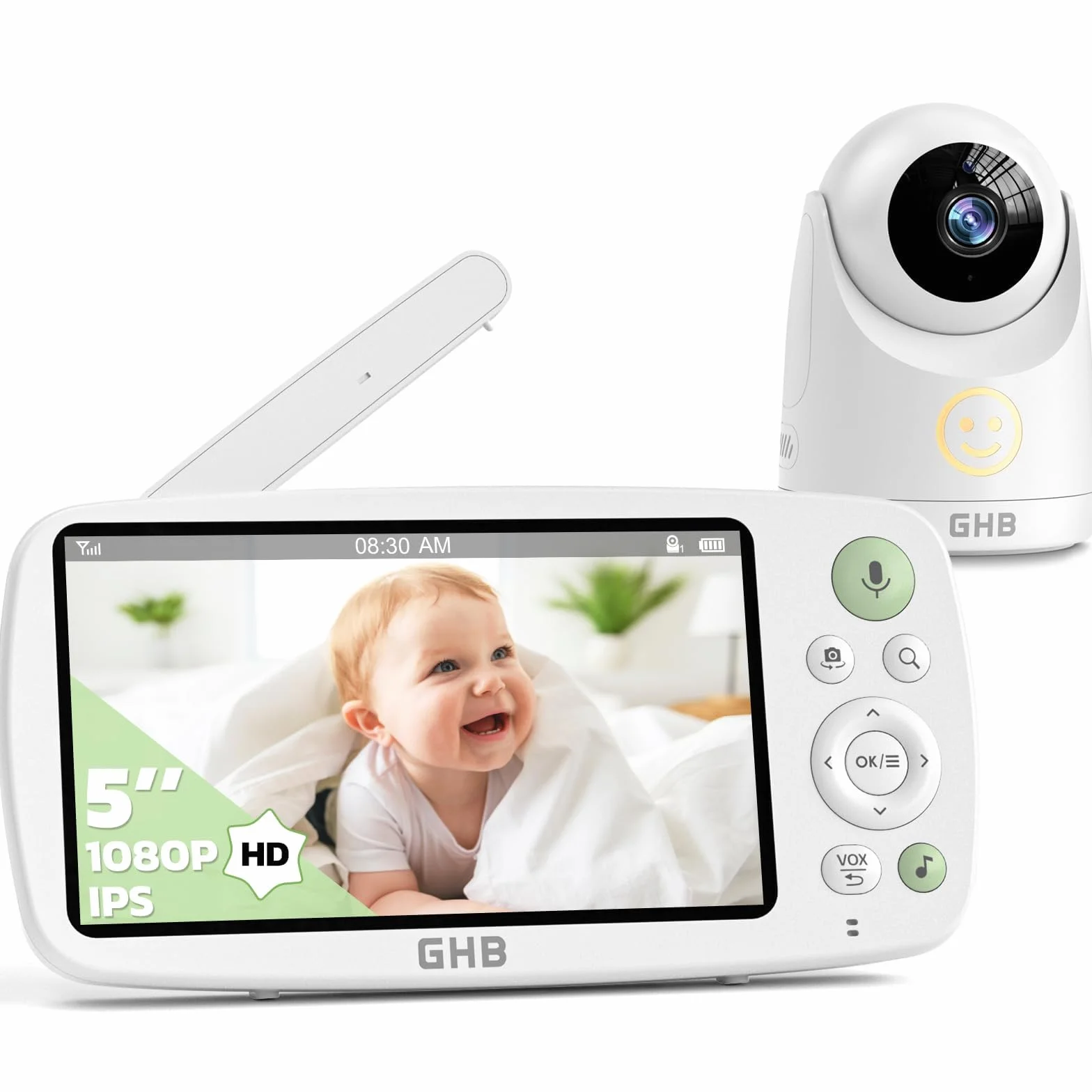 GHB Babyfoon met Camera 5 inch HD 1080P 4000 mAh-accu 24/7 VOX-modus 4x Zoom Tweerichtingsgesprek Nachtzicht Bereik 300 meter