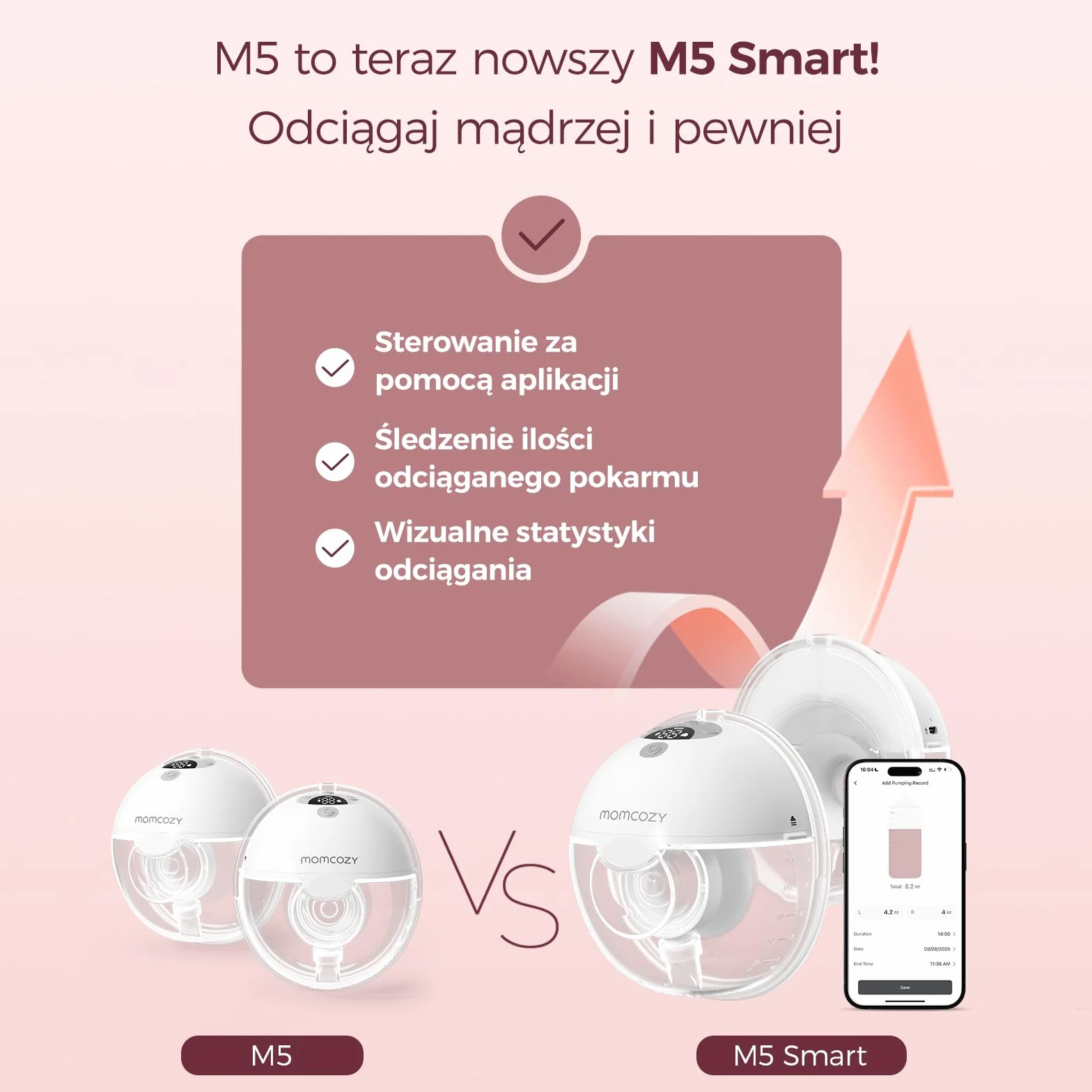 Momcozy M5 Smart Elektryczna Laktacja Bezprzewodowa, Sterowana Aplikacją, 3 Tryby 9 Poziomów SSania, 24 mm Końcówka (Szary, 2 szt.)