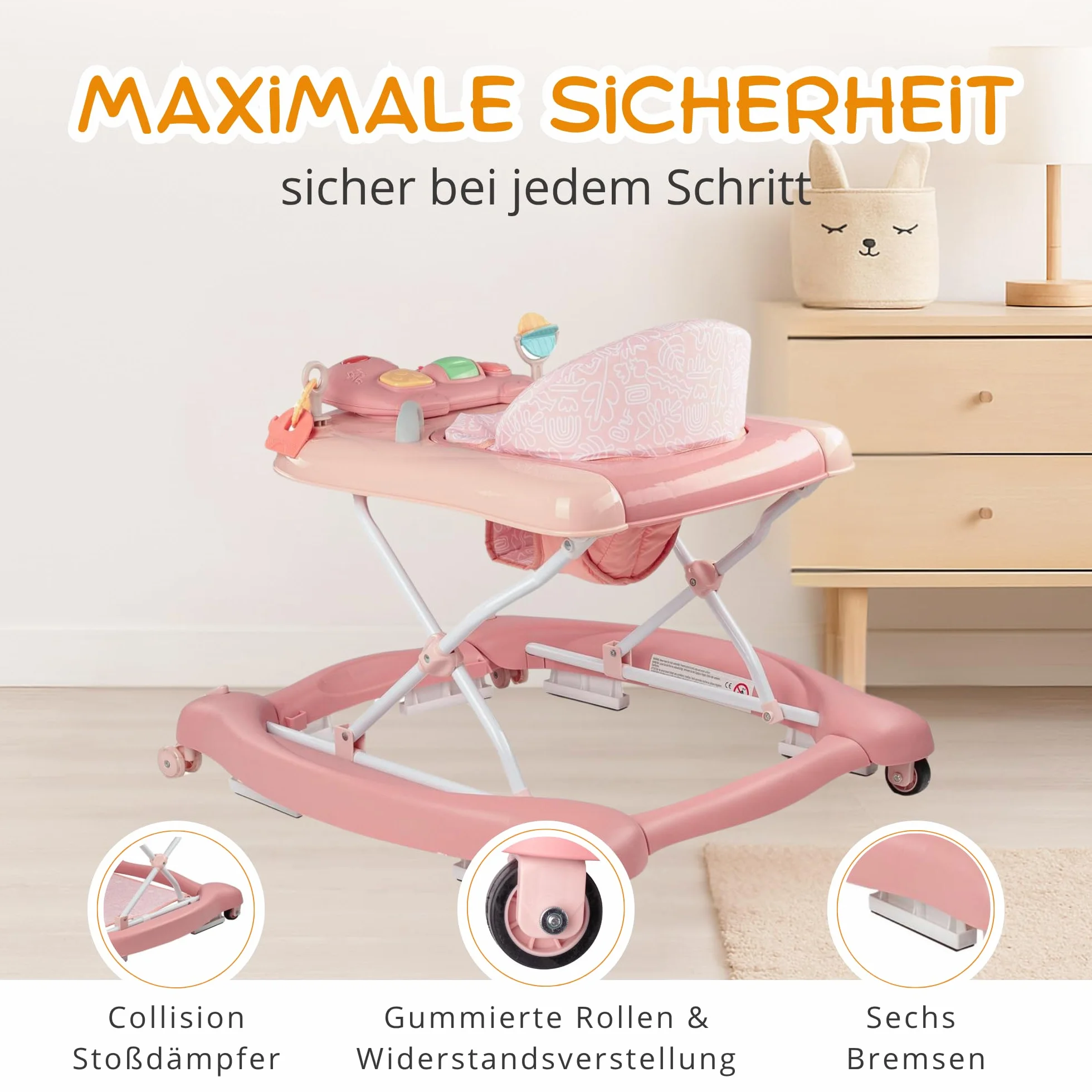 5 w 1 Baby Walker chodzik z funkcją kołysania, muzyka i światło, pomoc w chodzeniu dla dzieci od 6 miesięcy, regulacja wysokości, składany, różowy