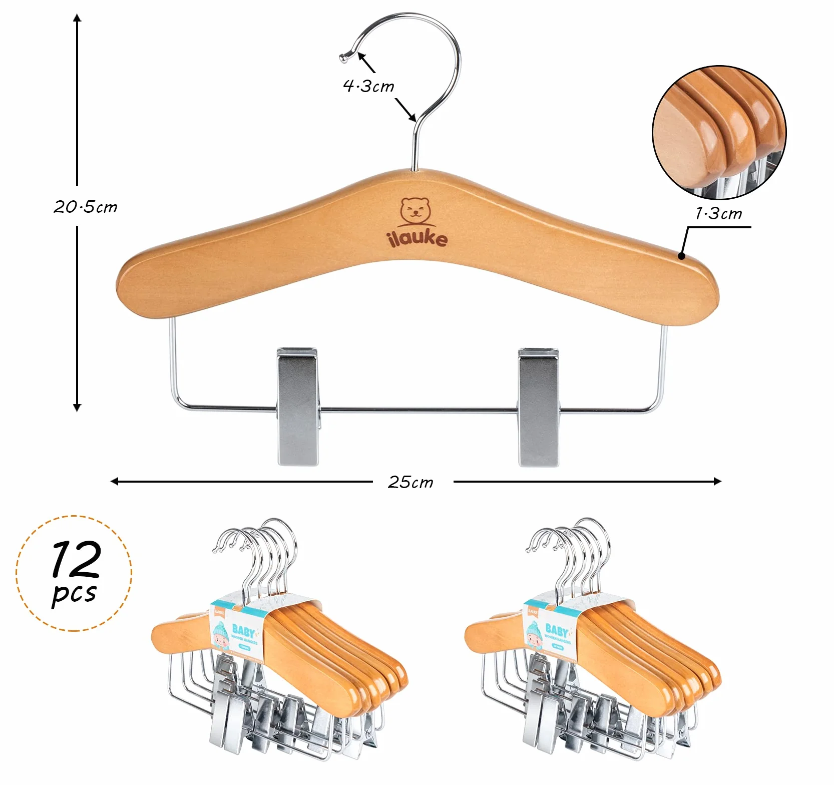 Drewniane wieszaki na ubrania dla dzieci, zestaw 12 sztuk, antypoślizgowe nacięcia, wysokiej jakości drewniane wieszaki z obracaniem o 360°, do ubrań dla dzieci i niemowląt, długość 30 cm, naturalny