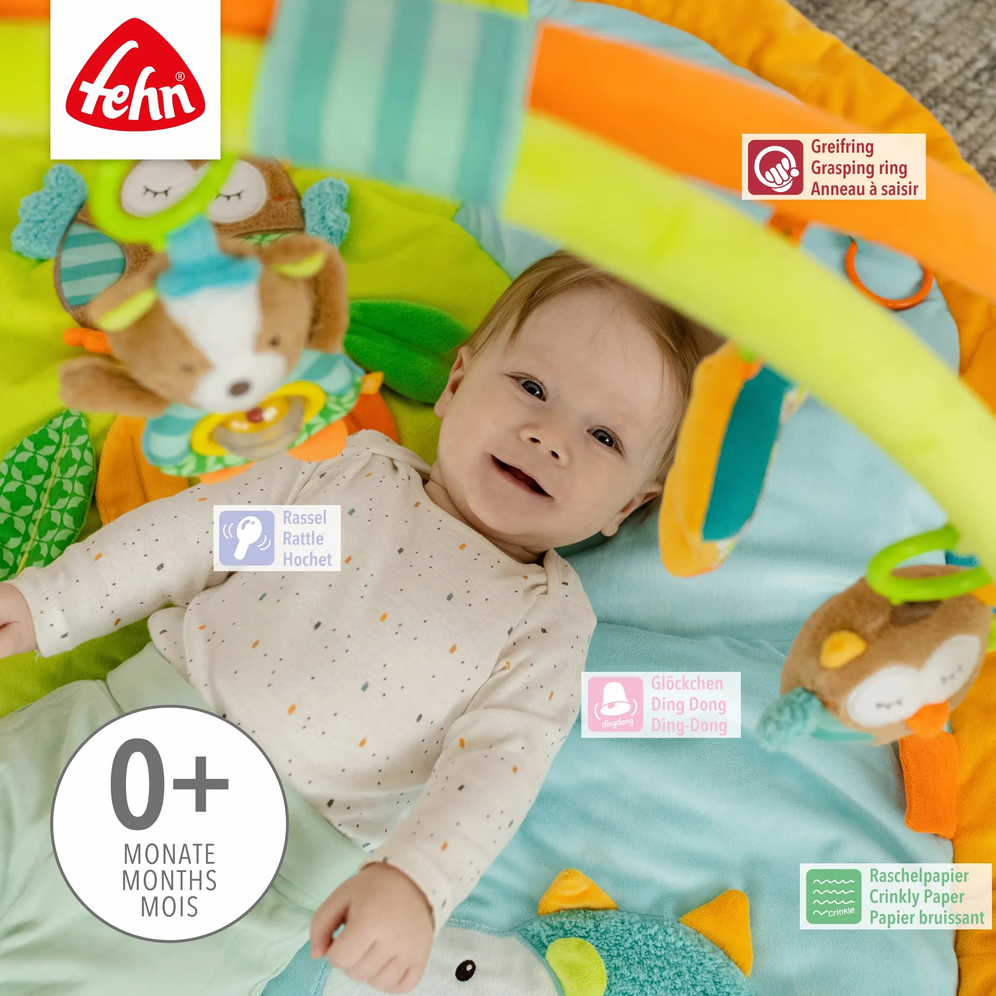 Fehn Sleeping Forest 3D Activity Blanket Play Arch - Baby Crawling Mat z 5 wymiennymi zabawkami do uchwytu - Mata do zabawy dla niemowląt i dzieci od 0+ miesięcy - Crawling Mat jako prezent urodzenia