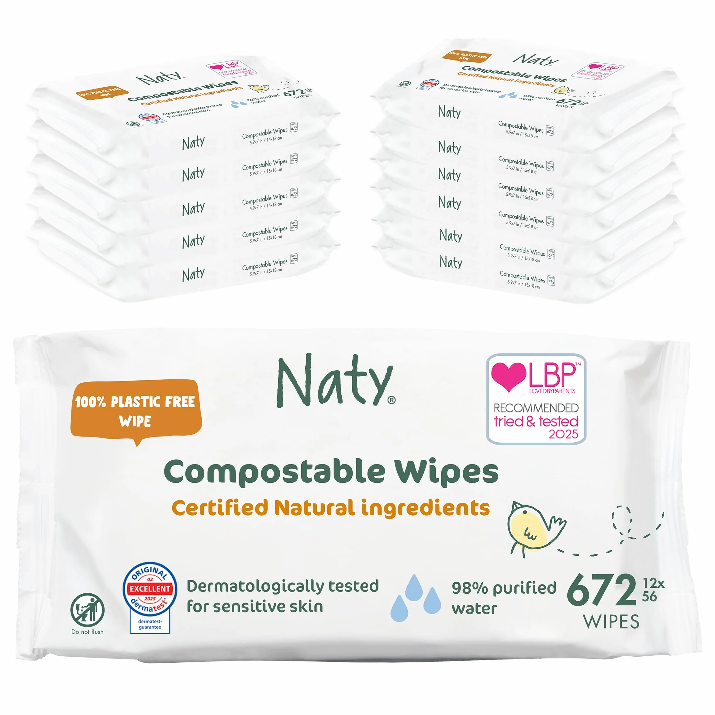 Naty Chusteczki dla Niemowląt | 98% Wody, Hipoalergiczne & Naturalne dla Wrażliwej Skóry | Bez Zapachu, Roślinne | Noworodek & Małe Dziecko | 672 sztuk (12 op.)