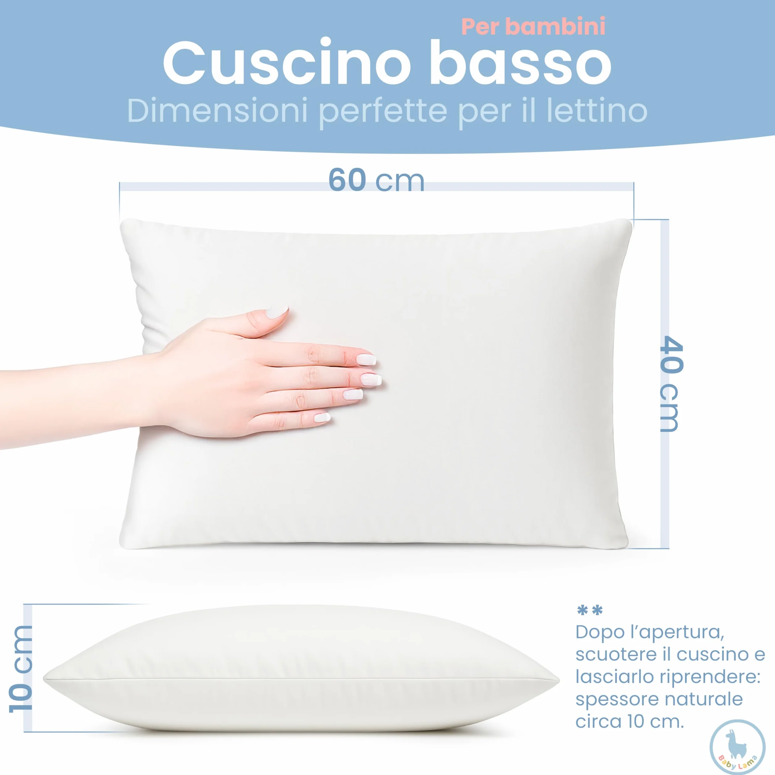 (2 poduszki) Poduszka dla dzieci w wieku 2 lat - 6 lat. Niska poduszka do spania 40 x 60 cm. 100% bawełna Öko-Tex – hipoalergiczna, zmywalna, odporna na puszystość. Wyprodukowano we Włoszech (2)