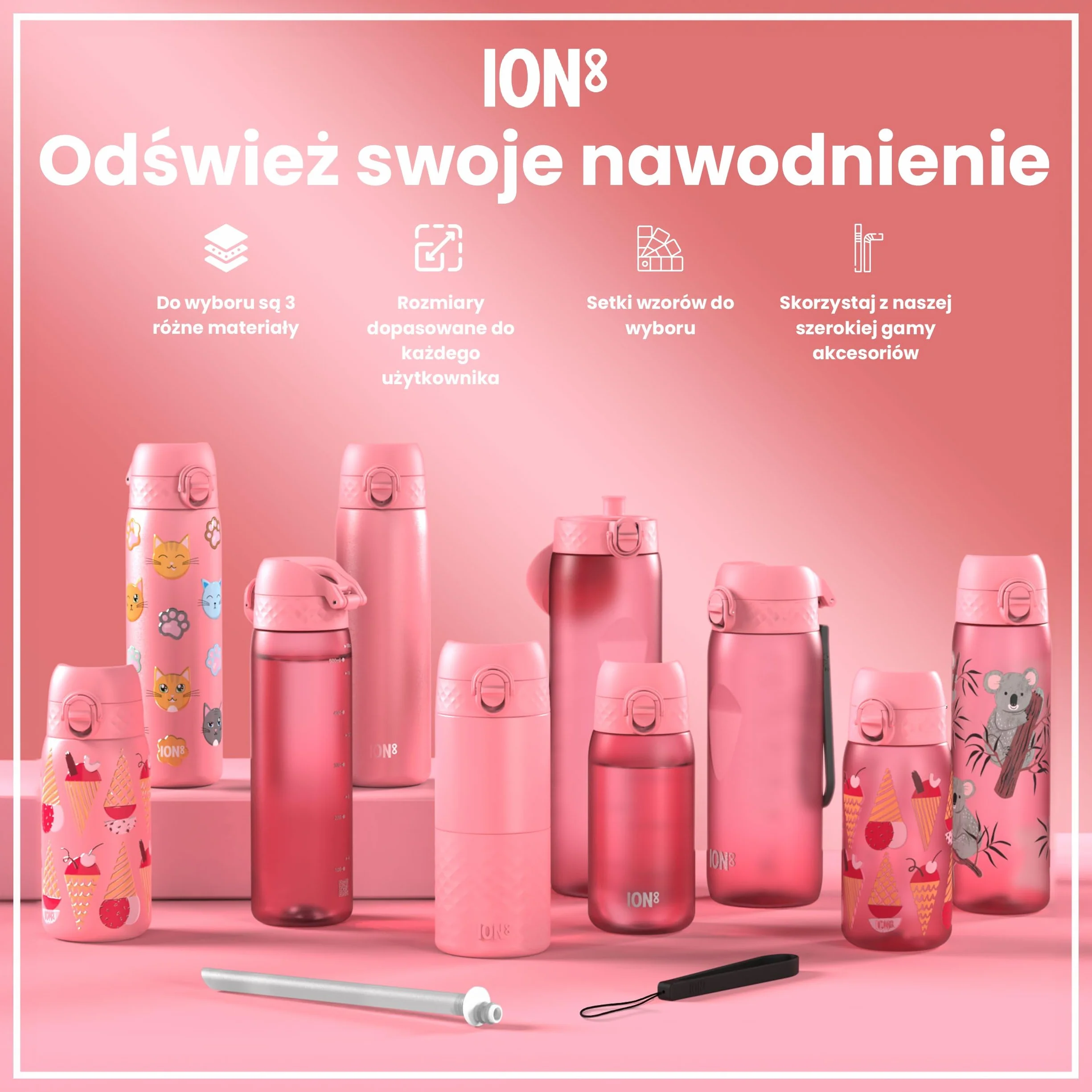 ION8 Butelka na Wodę dla Dzieci ze Lekki Stali, 400 ml/13 oz, Nieocieplany, Szczelna, Łatwa do Otwarcia, Bezpieczny Zamek, Można Myć w Zmywarce, Składany Uchwyt, Łatwa w Czyszczeniu, Lody