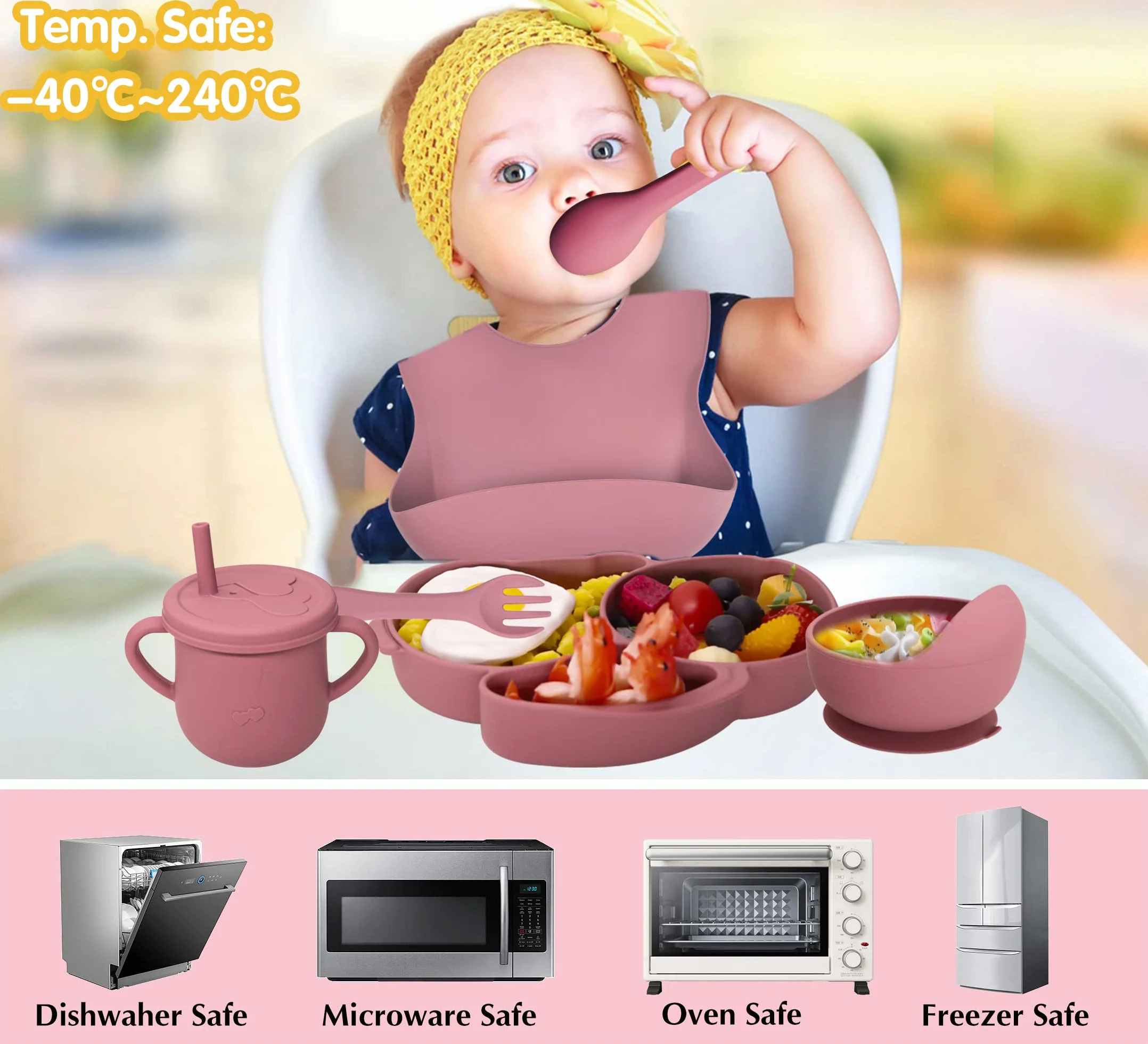Różowy silikonowy zestaw obiadowy dla niemowląt, zestaw 6 antypoślizgowych miseczek z przyssawką, widelec, łyżka, śliniaczek, bez BPA, zestaw sztućców dla dzieci, zestaw sztućców do zastawy