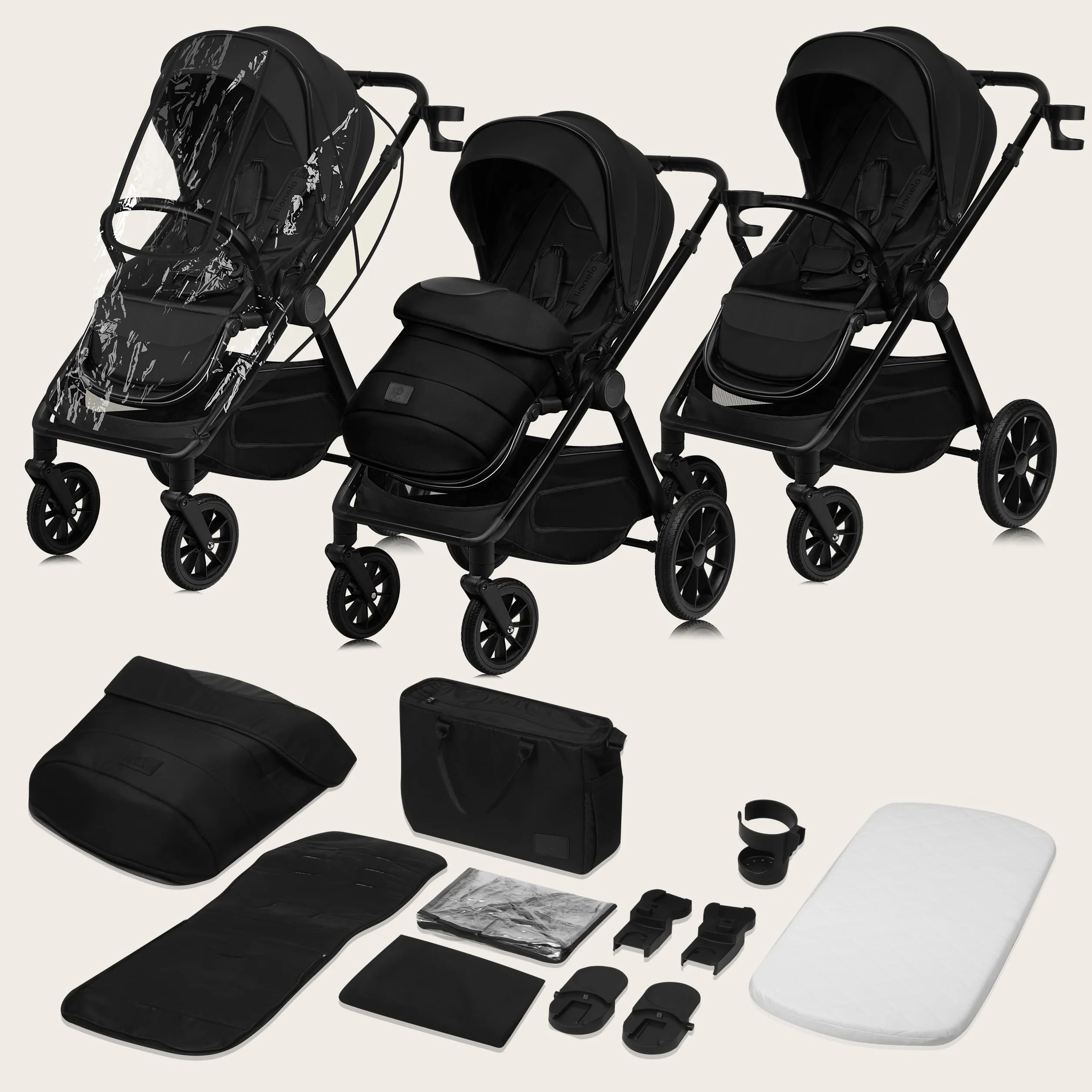 LIONELO LAYLA Wózek dziecięcy 3 w 1 0-48 miesięcy do 22 kg gondola do 9 kg, AiryDots, obracane koła PU o 360°, całkowita amortyzacja Booth XXL (BLACK ONYX)