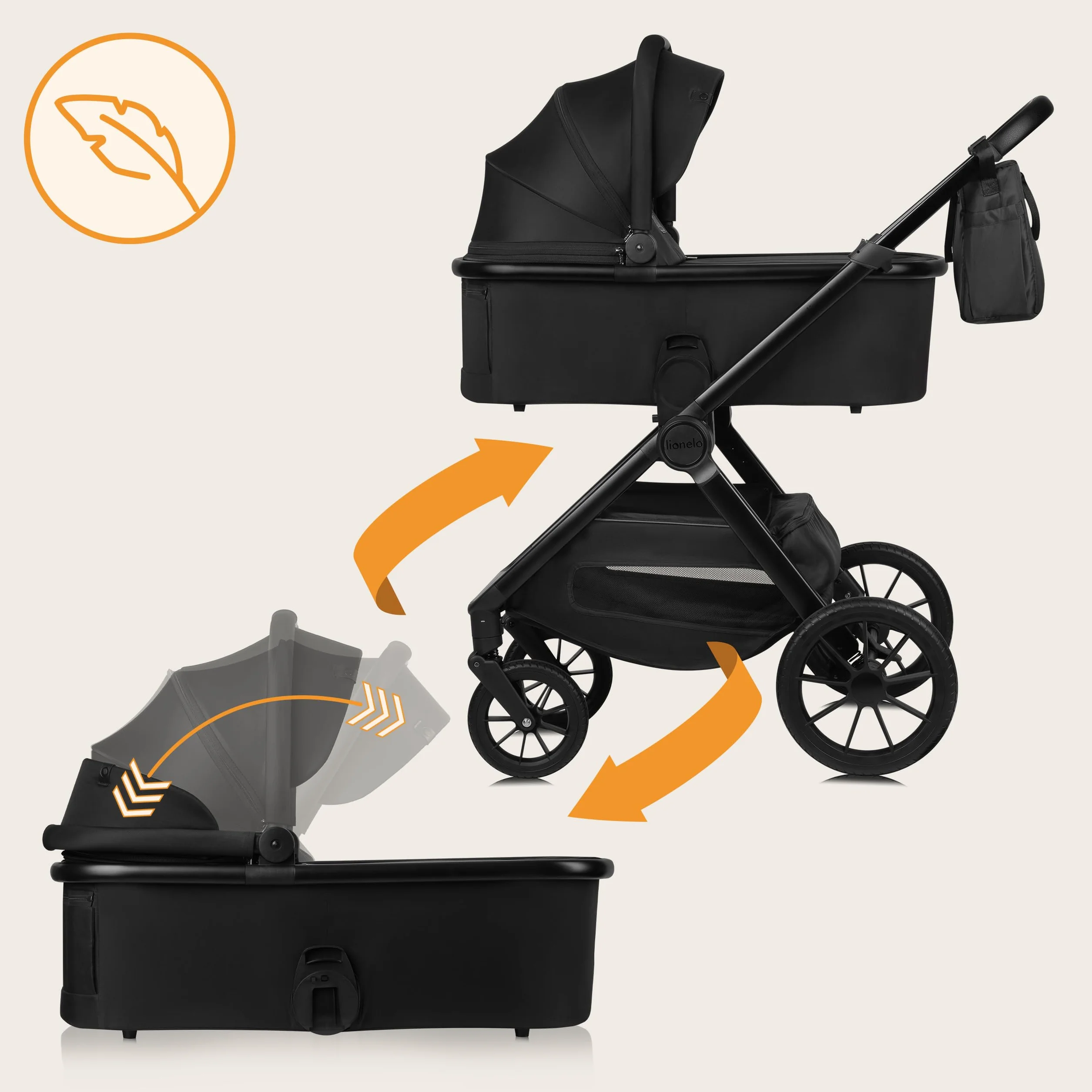 LIONELO LAYLA Wózek dziecięcy 3 w 1 0-48 miesięcy do 22 kg gondola do 9 kg, AiryDots, obracane koła PU o 360°, całkowita amortyzacja Booth XXL (BLACK ONYX)