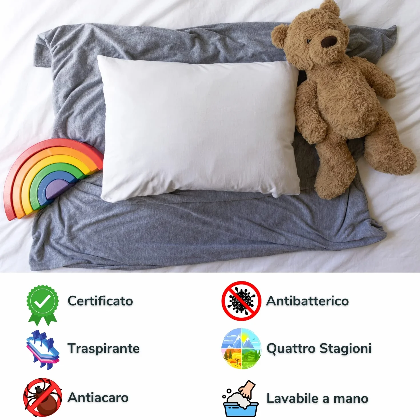 Poduszka do łóżeczka dziecięcego (100% wyprodukowana we Włoszech i OEKO-TEX®) - Oddychająca, Anti-roztocza Z Poszewką 100% Bawełny - Poduszka Dziecka 1, 2, 3 Lata