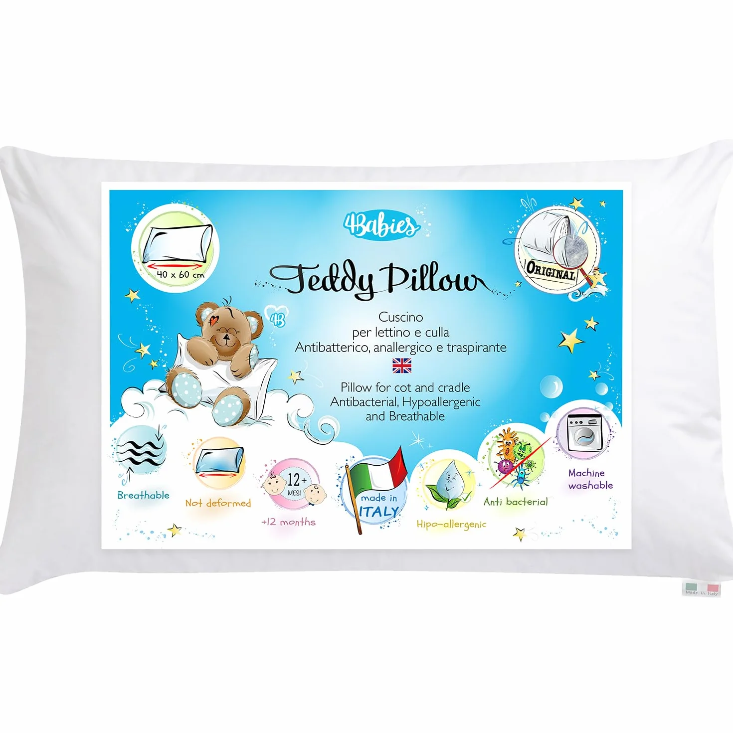 Poduszka dla dzieci 40 x 60, poduszka dla niemowląt od 1 roku życia, oddychająca, antyalergiczna, z podszewką, 100% włoskiej bawełny, hipoalergiczna, odporna na roztocza
