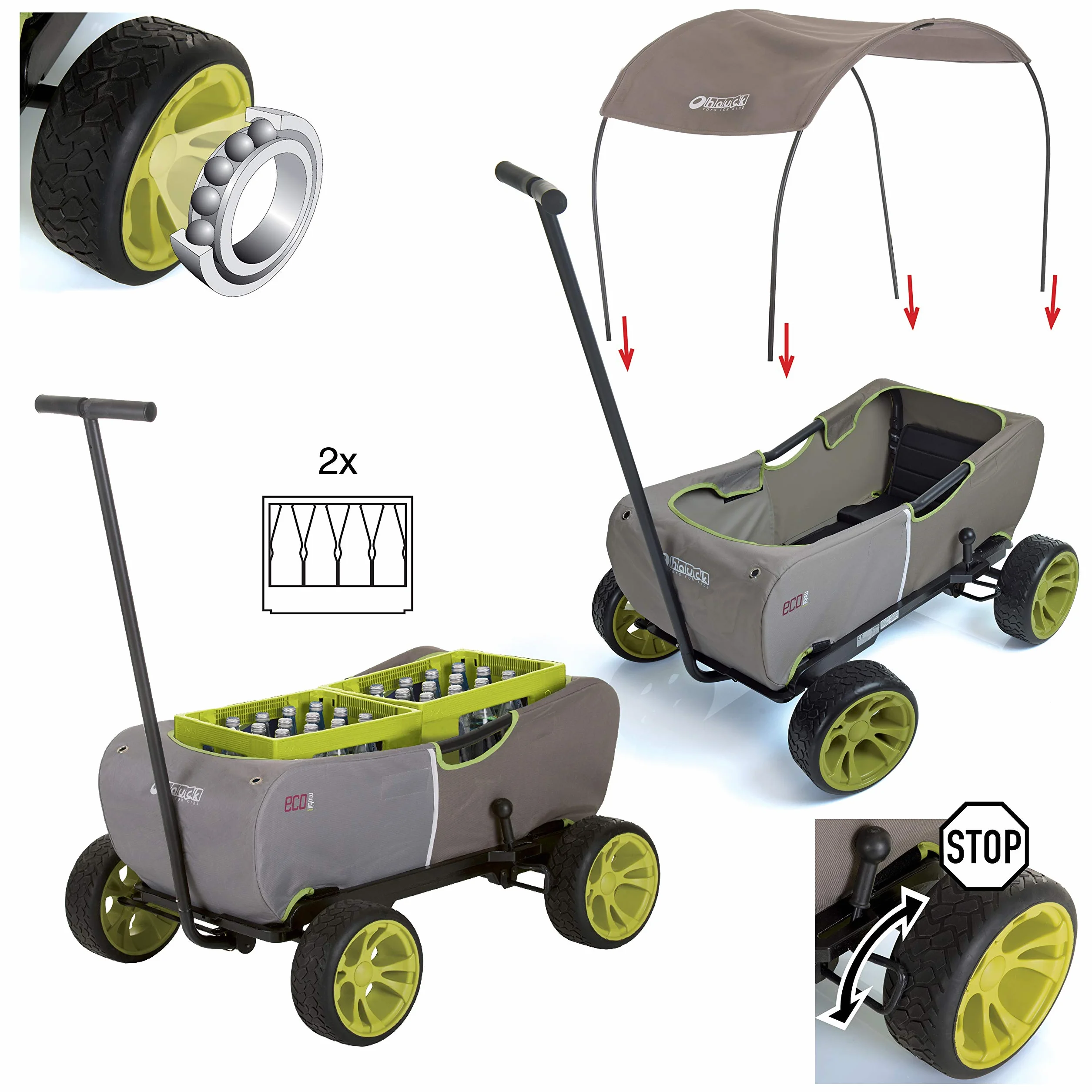 Hauck Wózek Transportowy Eco Mobil, dla Dwojga Dzieci, od 2 Lat, Ładowność do 50 kg, Stabilny, Nieprzechylny, Składany, Hamulec Postojowy, Resorowany, Zdejmowany Dyszel, Zadaszenie, Poduszka